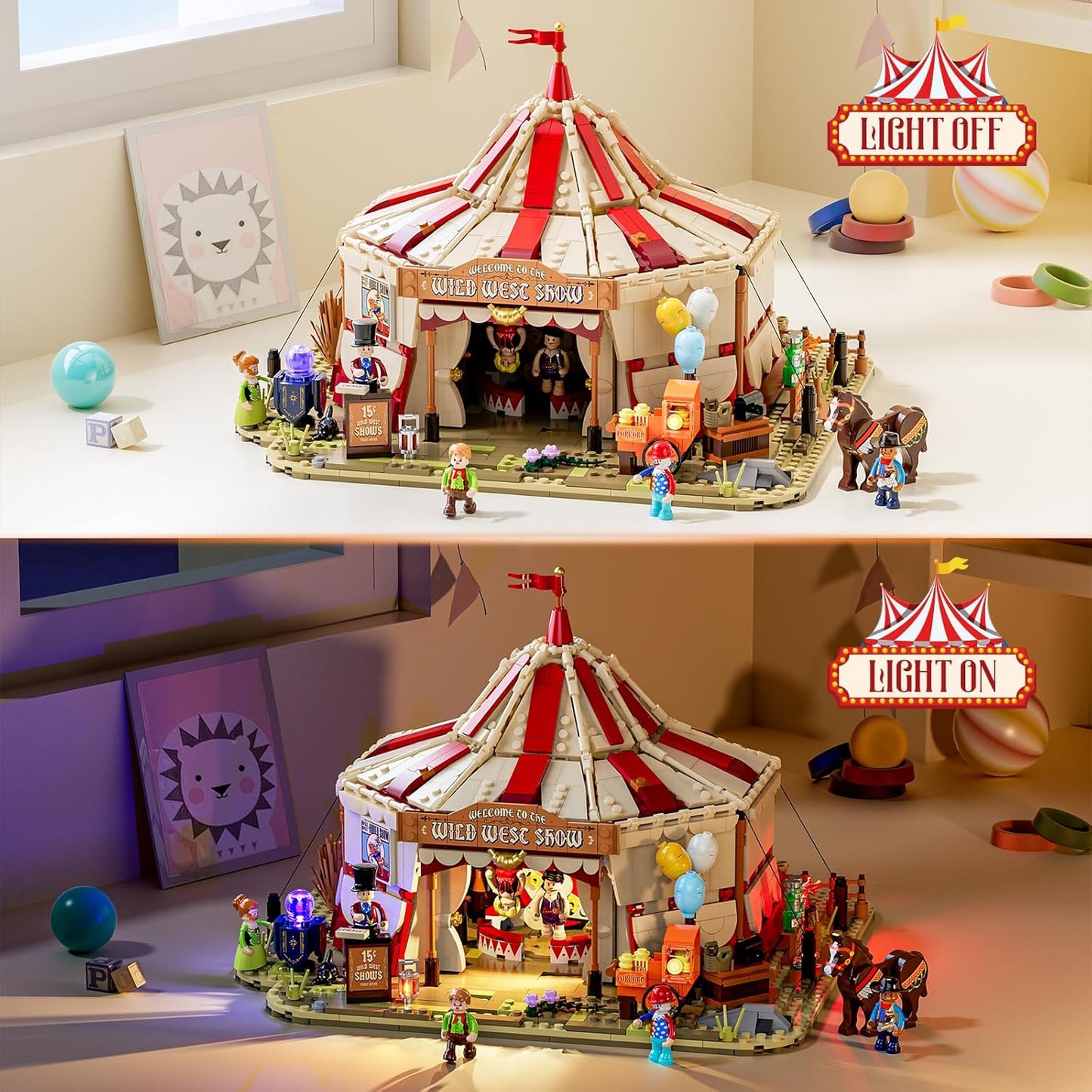 Lumibricks Traveling Circus Bauset mit Licht – 1962 Teile Zirkuszelt mit LED & Minifiguren – Modularer Jahrmarkt für Erwachsene, Westernfans & Freizeitpark-Sammler
