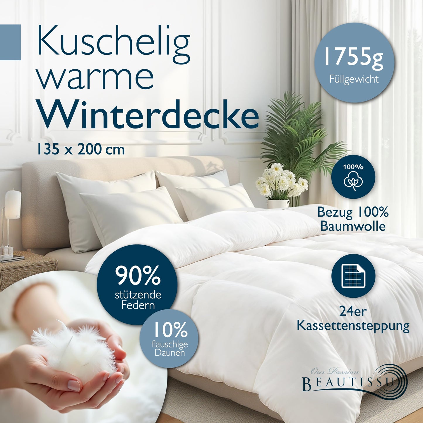 Beautissu All-Year Duvet Feather Duvet 135 x 200 cm with 100% Down and Feathers - Made in Germany - Oeko-Tex, Downpass & Nomite Certified - 100% Cotton Cover Down Duvet 135 x 200 cm Washable - GF