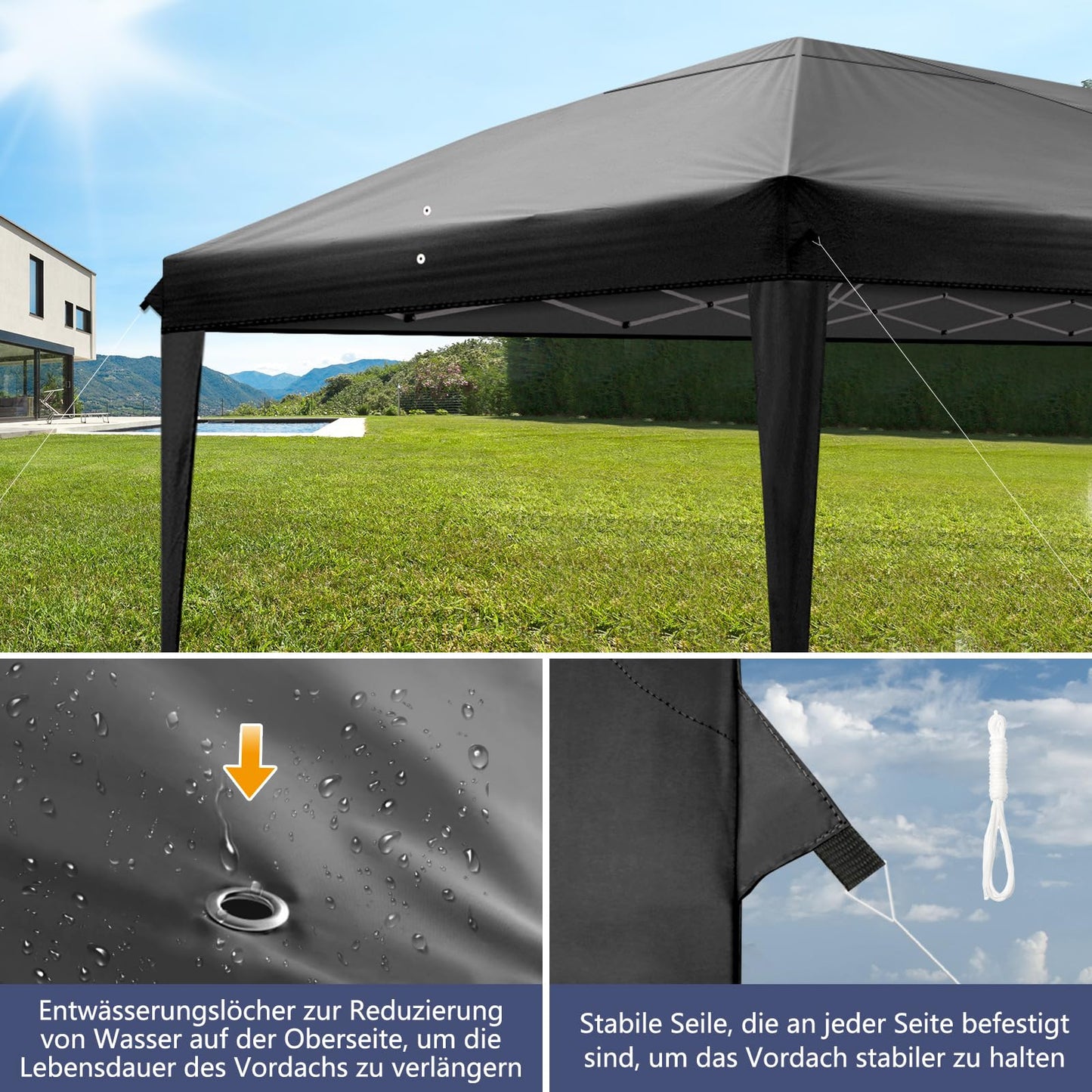 LEADZM Gazebo, Folding Gazebo, 3 x 6 m, Pop-Up, Waterproof, Winterproof, Height Adjustable, UV Protection 50+, Garden Tent, Party Tent, Steel Frame, with 6 Side Panels, for Garden, Party, Camping,