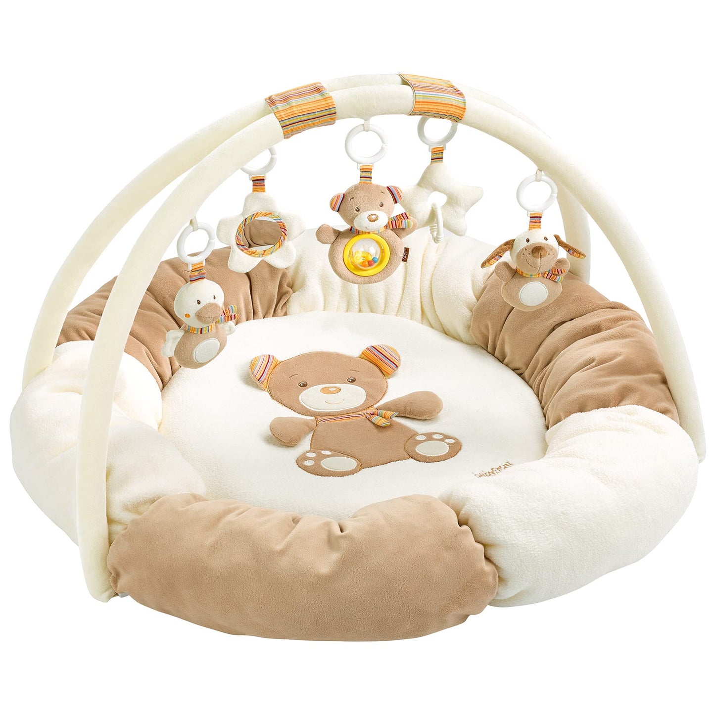 Fehn 071184 3-D-Activity-Nest Owl, Particularly Soft Play Arch with 5 Removable Play Toys for Babies, Play and Fun from Birth, Dimensions: Diameter 85 cm Rainbow rainbow