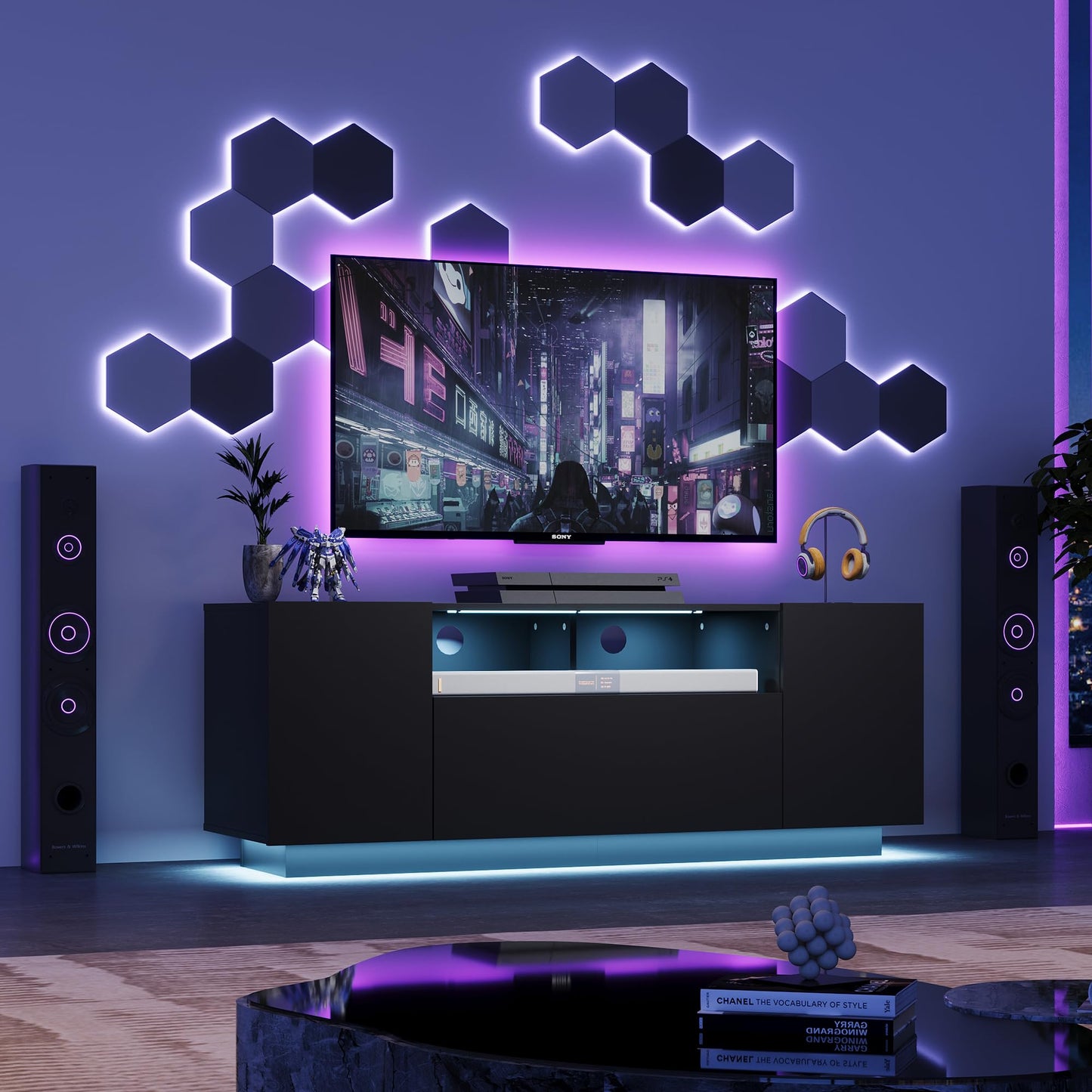WLIVE TV Cabinet Black Lowboard High Gloss with 20 Colours LED Lighting, TV Board with Cabinets and 2 Open Surfaces, TV Table with Folding Door, 122 x 36 x 45 cm, Black