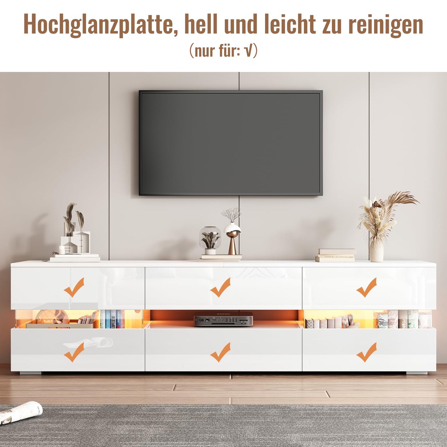 TV Cabinet with LED Strips, TV Stand 160 cm Long for TVs from 55 to 70 Inches, Lowboard TV Board with Storage Space Drawers and Doors, Sideboard for Living Room (White)
