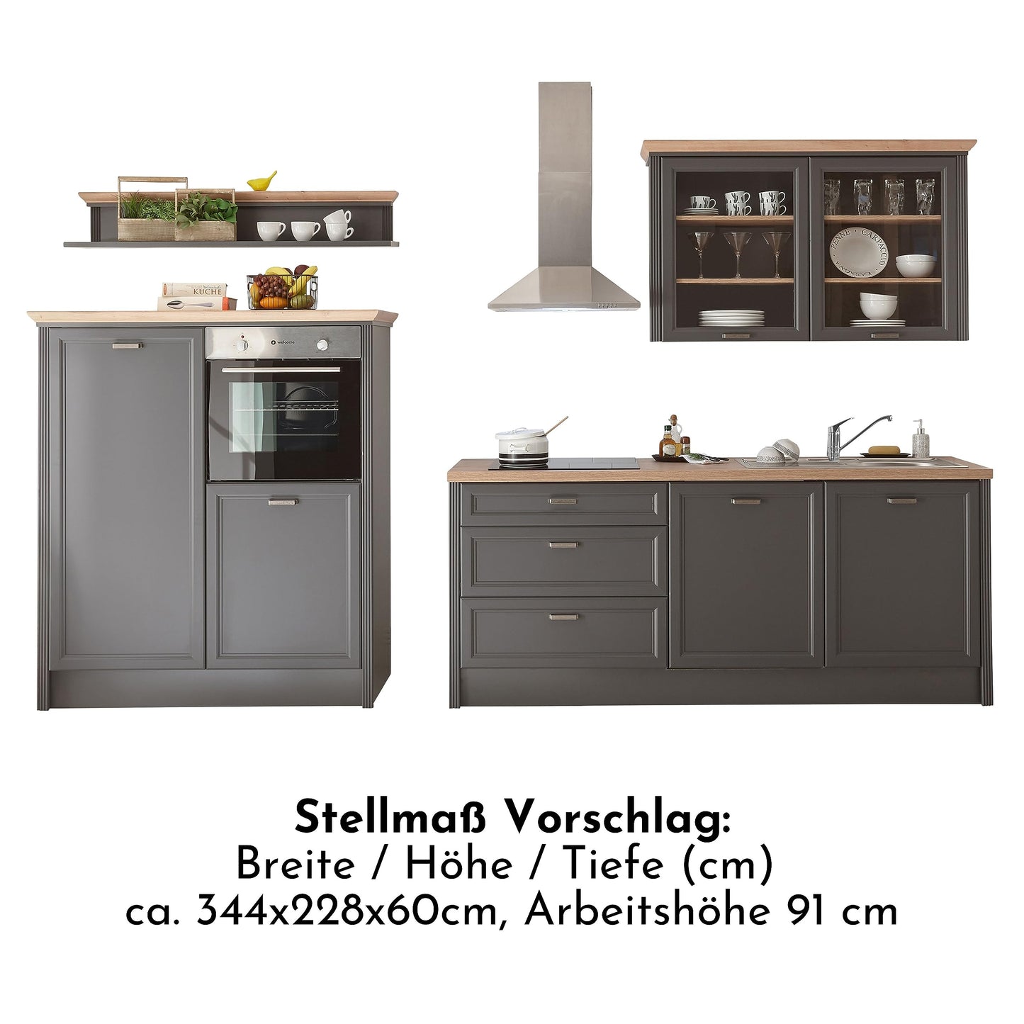 Jasmin Modern Kitchen Unit without Electrical Appliances in Light Pine Artisan Oak Look - Spacious Fitted Kitchen in Country House Style - 344 x 228 x 60 cm (W x H x D)