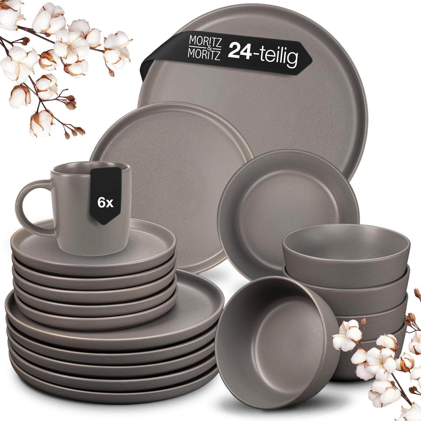 Moritz & Moritz Nordic Crockery Set for 6 People, 18-Piece Stoneware Crockery Set in Black, Scandinavian Design, Robust Plate Set for 6 People for Everyday Use and Guests, Crockery Sets