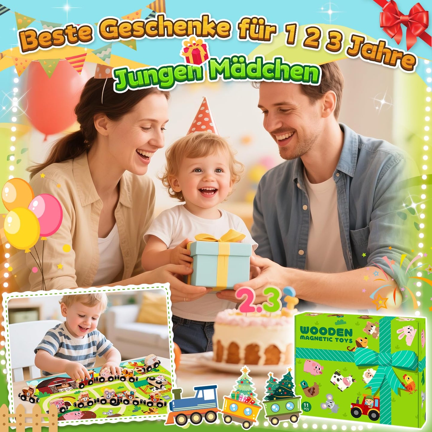 Montessori Toy from 1 2 3 Years: Magnetic Train Wooden Toy from 1 2 Years Motor Skills Toy from 1 Year, Wooden Train Children's Toy from 2-3 Years Baby Gift 1 2 3 Years Birthday Boy Girl