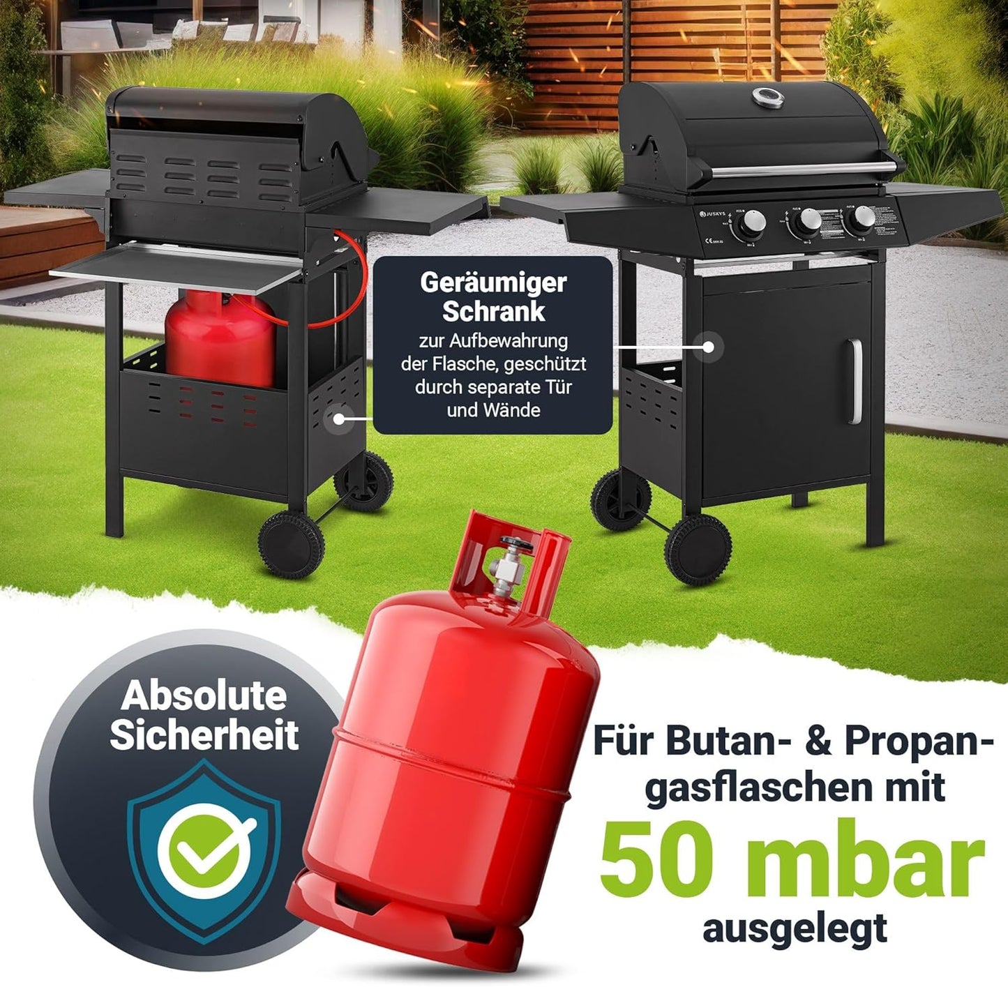 Broilcue Louisiana BBQ Gas Barbecue 3 Burners 8.1 kW Gas Grill Trolley incl. Grill Grate, Lid with Grill Thermometer, Warming Rack and Side Shelves