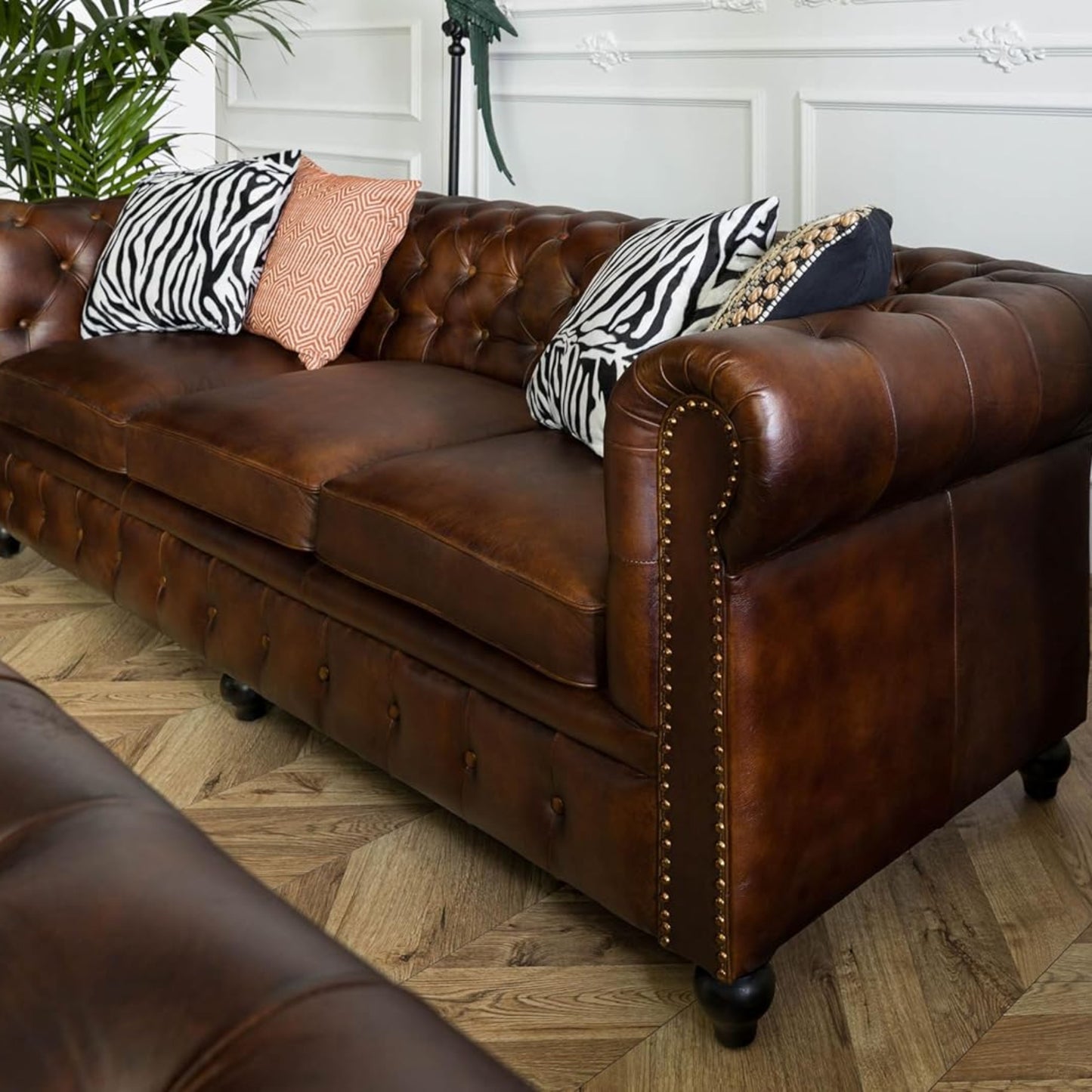 MASSIVMOEBEL24.DE Chesterfield #103 3-Seater Sofa Real Leather 218 x 82 x 76 cm Brown