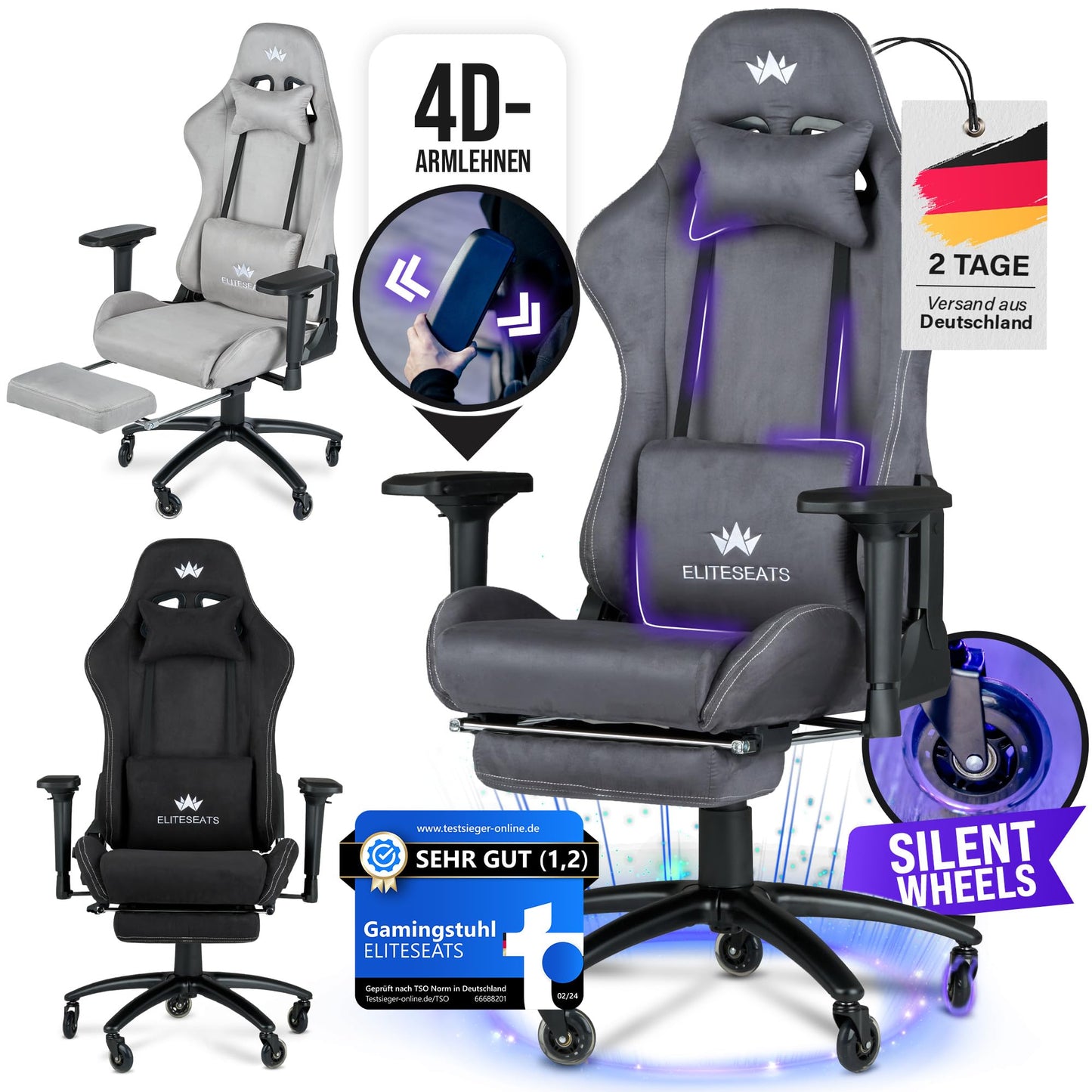 ELITESEATS Ergonomic Gaming Chair [Test Winner] Scratch-Free Wheels Breathable 4D Armrests with Footrest Ergonomic Gaming Chair Fabric 150 kg Load Capacity Gaming Chair Gaming Chair