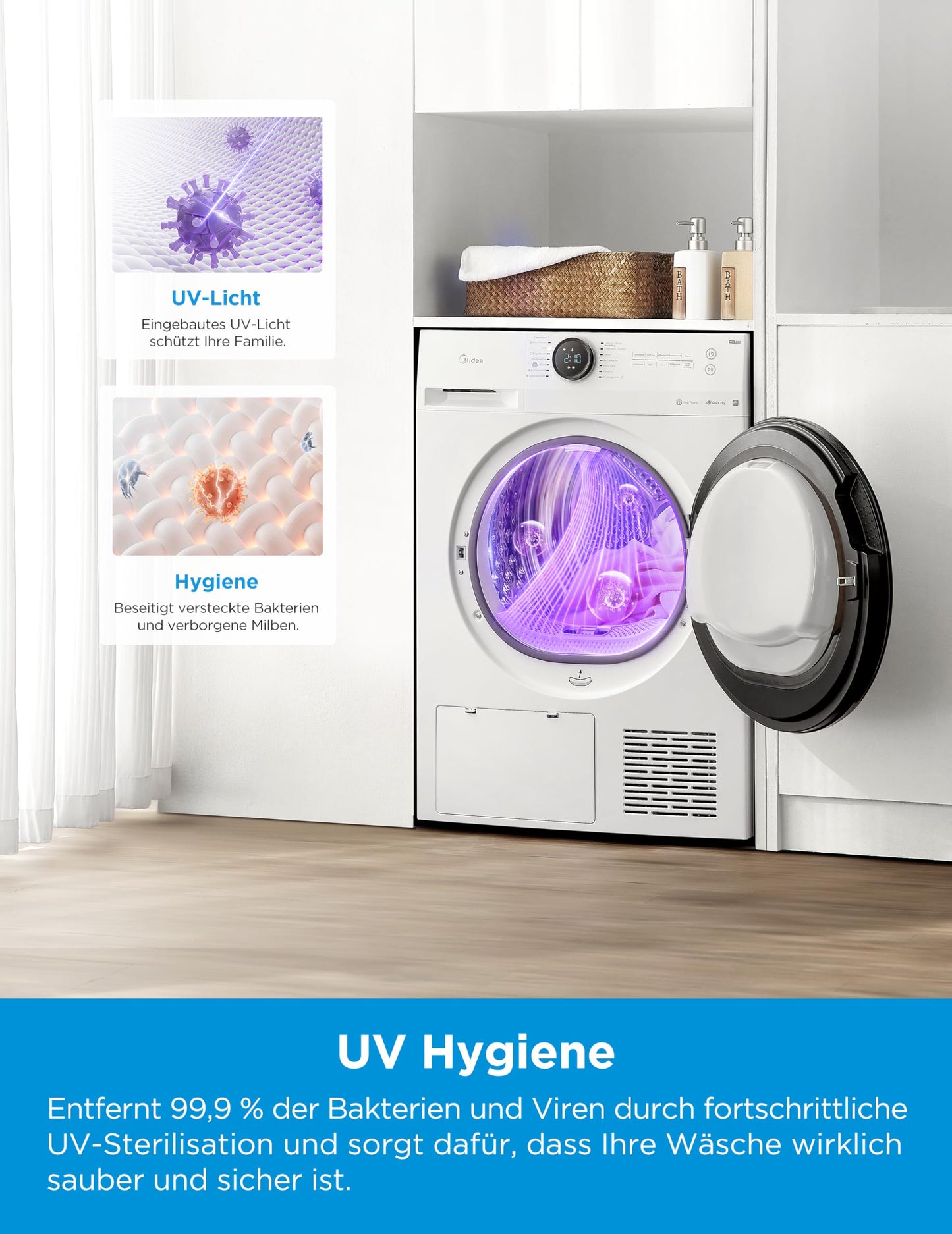 Midea MD20EH80WB-A3 Heat Pump Dryer, 8 kg, Energy Class C, UV Hygiene, Wrinkle Protection, Gentle Care, Auto Dry, Wool Care, Refreshing, Remote Control, Delay Start, White [Energy Class A+++]