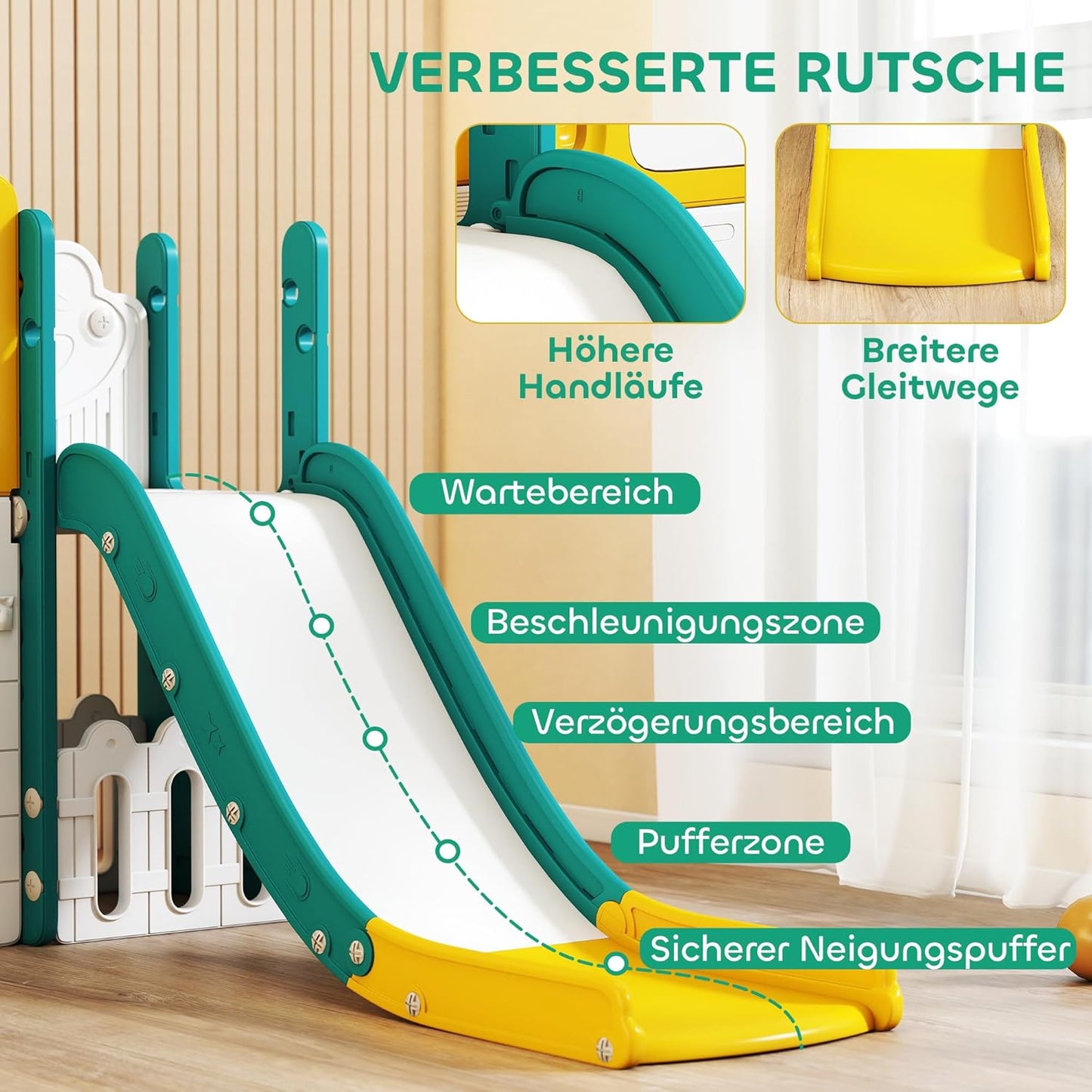 AIRPLAY Kinder Rutsche 9 in 1 Kleinkind Rutsche mit Basketballkorb, 2 Rutsche, Klettergerüst, Schaukel, Tunnel, Fernrohr, Reißbrett, Froschmotiv und Aufbewahrungsbox usw. Indoor Outdoor für 1-3 Jahre