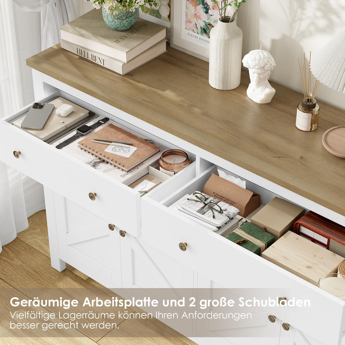FirFurd Sideboard 140 cm Wide Kitchen Cabinet with Worktop Buffet Cabinet with 2 Drawers 4 Doors Kitchen Buffet with Adjustable Shelves for Living Room Kitchen Dining Room 140 x 40 x 89 cm White