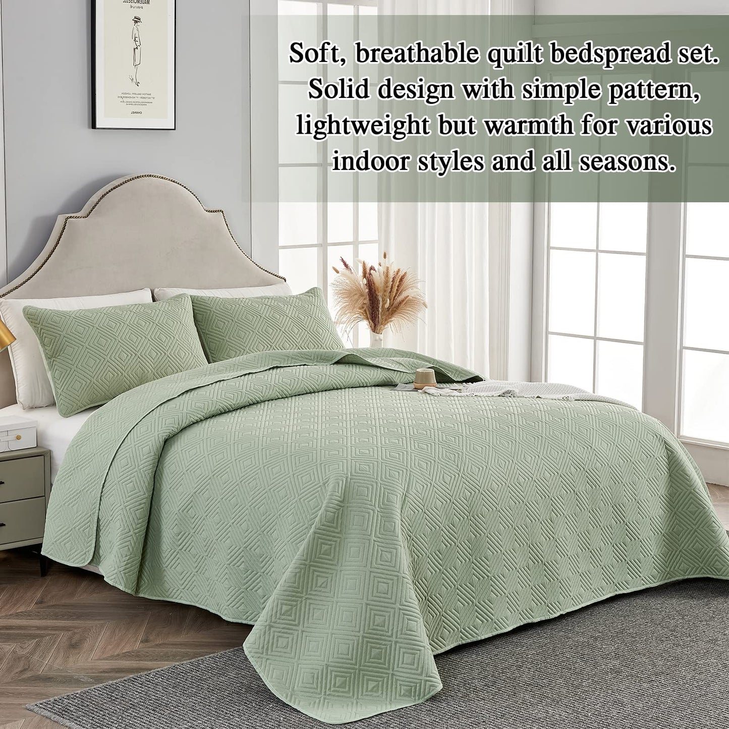 Qucover Tagesdecke Bettüberwurf 220x240cm Grün, Bedspreads aus Mikrofaser, Bettüberwuf Set mit 2 Kissenbezügen 50x75cm,Steppdecke bei 3D-Ultraschal genäht, Sofaüberwurf Bettüberwurf Überwurfdecke