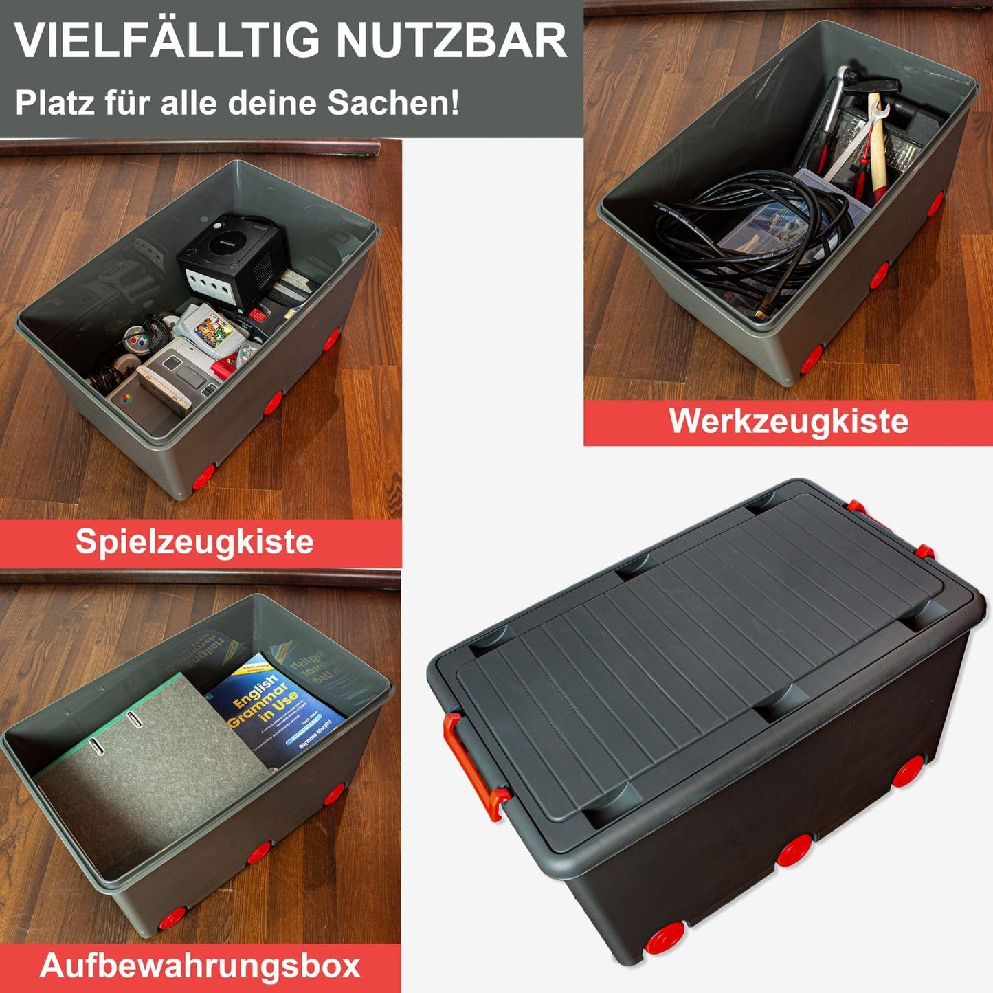 Babykajo 3 Storage Boxes with Lid and Wheels 50 L - Stacking Boxes with Lid Opaque - Plastic Box with Lid for Closing - Boxes Storage with Lid