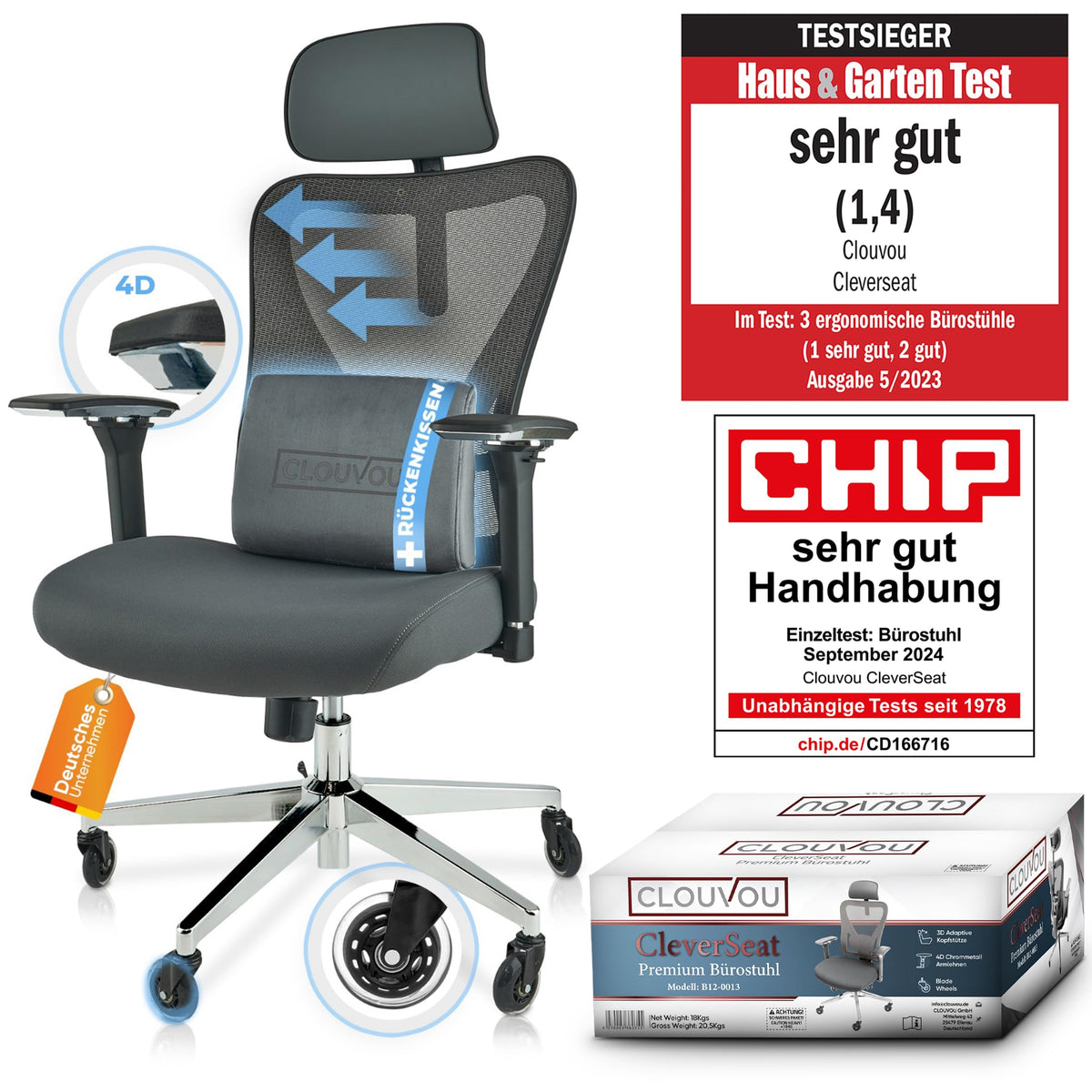 CLOUVOU BrightSeat Ergonomic Office Chair [Test Winner] Desk Chair 100% Individually Adjustable Office Chair & Gaming Chair Computer Chair Home Office Chair Ergonomic Swivel Chair 150 kg