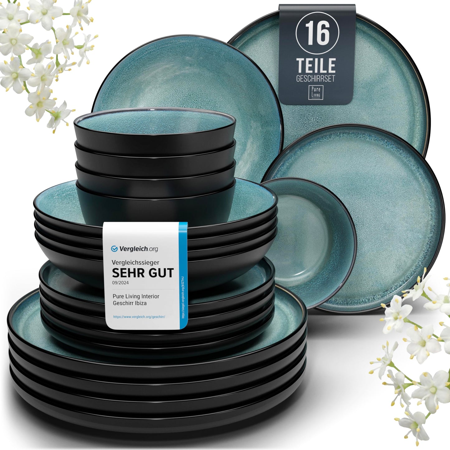 Ibiza Stoneware Crockery Set for 12 People, 48 Pieces, Test Winner, Dreamlike Mediterranean Stoneware Crockery Set, Bowl and Plate Set, Dinner Service for 12 People, Pure Living Crockery Sets in Deep