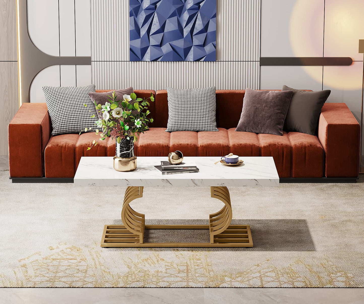 Tribesigns Modern Coffee Table, Living Room Table, Faux Marble Cocktail Table with Geometric Frame, Rectangular Middle Table, Tea Table, Accent Furniture, Table, Sofa, Side Table for Home Office,