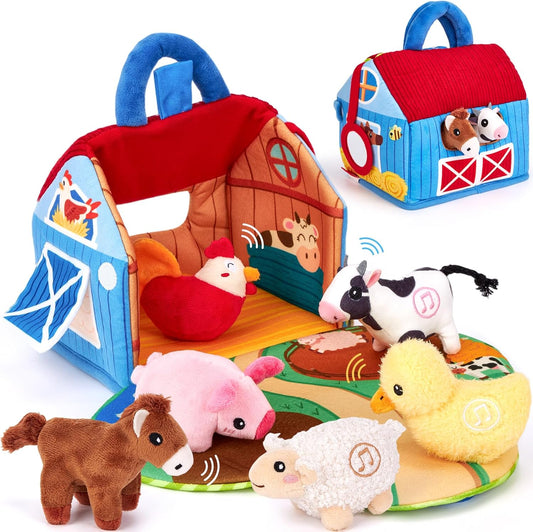 hahaland Bauernhof Baby Spielzeug 6 Monate mit 2-in-1 Scheunen & Spielmatten,7 Sensorik Plüschtiere Set– Macht Tiergeräusche & Spricht Englische Tiernamen,Montessori Baby Geschenk ab 6 7 8 9 10 Monate