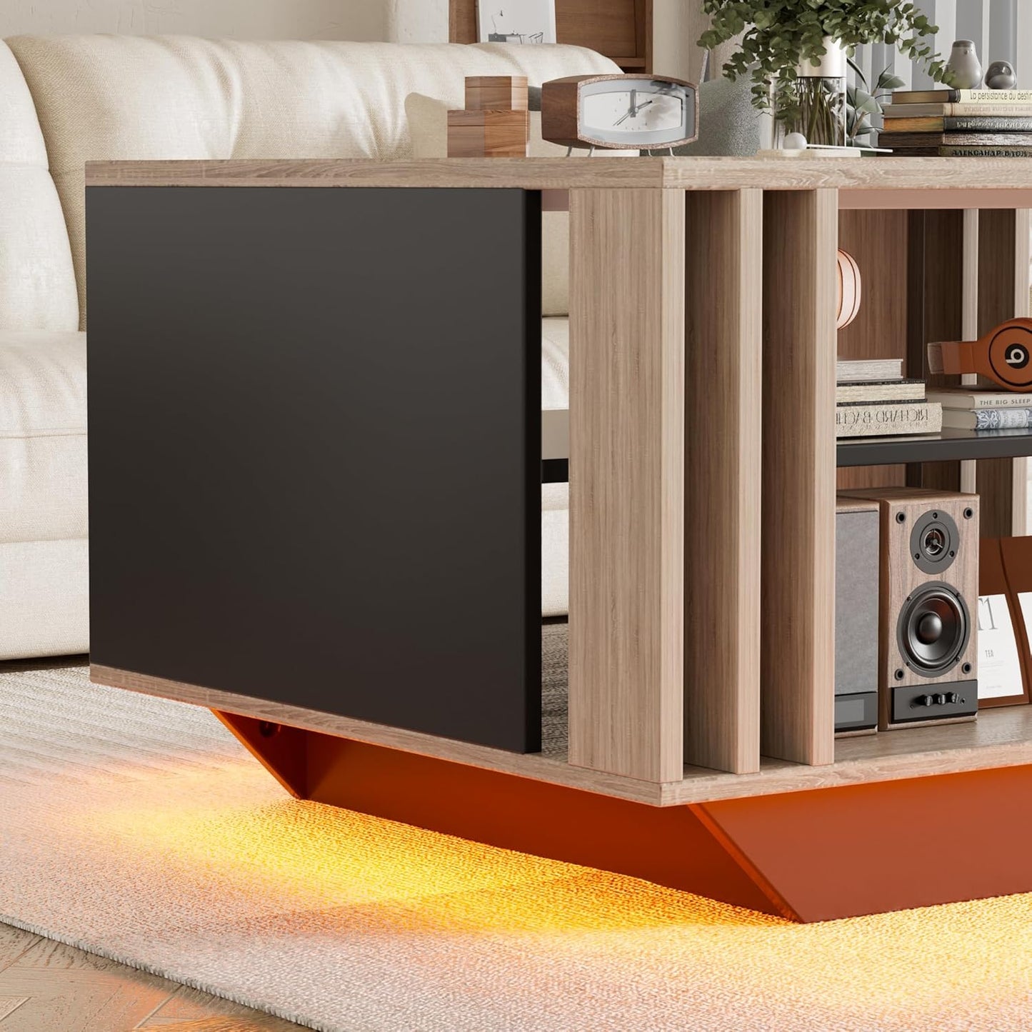 MSFE LED Coffee Table, Modern Living Room Table with Storage Space, Modern Table Living Room with Slats, 80 x 60 x 45 cm, Sofa Table, Living Room Table for Living Room/Dining Room, Living Room