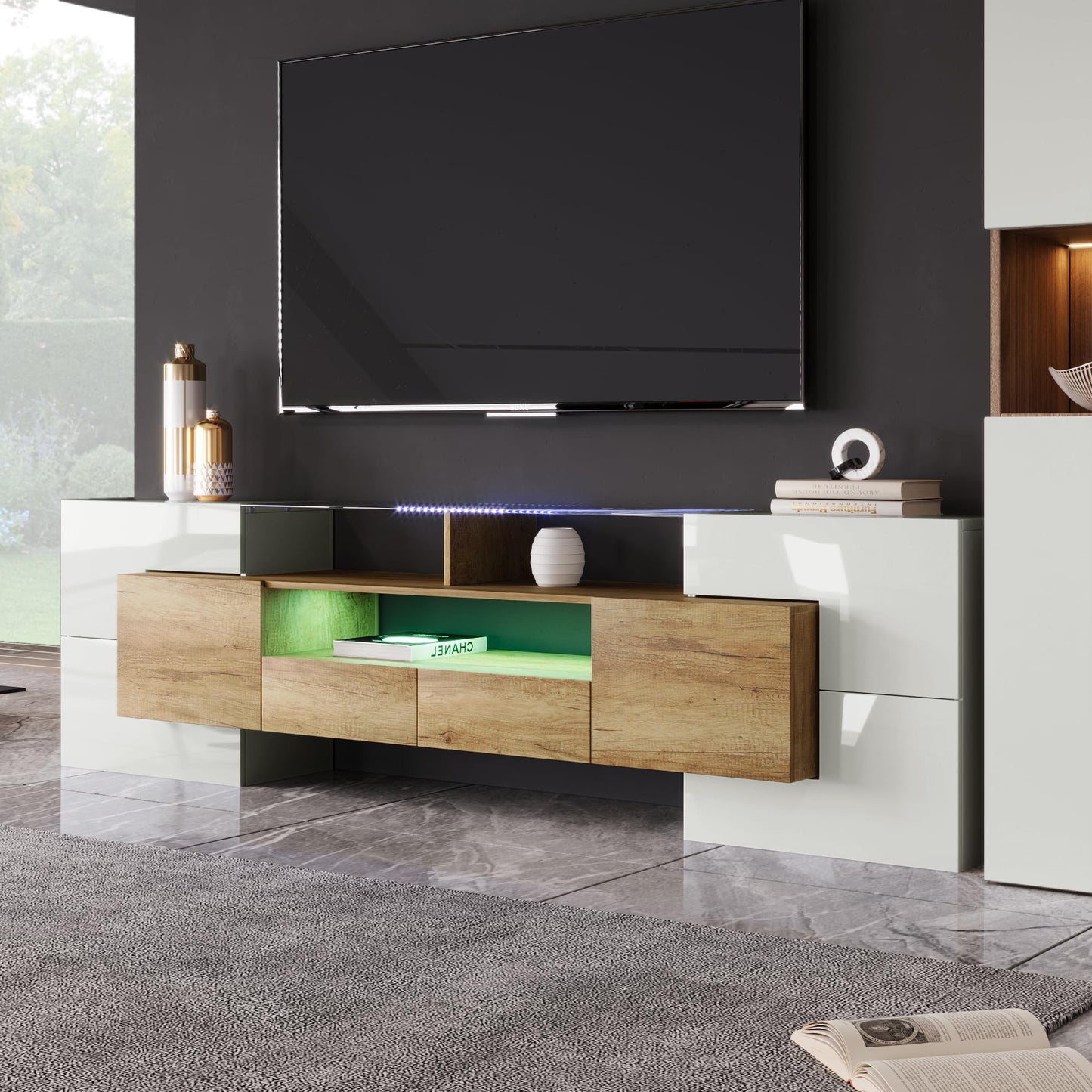 LANTRO JS TV Cabinet 200 cm Long with Elegant Glass Surface, TV Lowboard in Marble Look, TV Cabinet with LED Lighting, White and Black