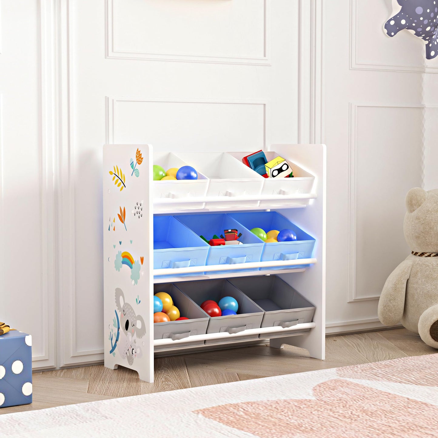 [en.casa] Boiro Children's Shelf, 60 x 62 x 30 cm, Standing with 9 Folding Boxes, Toy Storage Shelf, Ocean Motif
