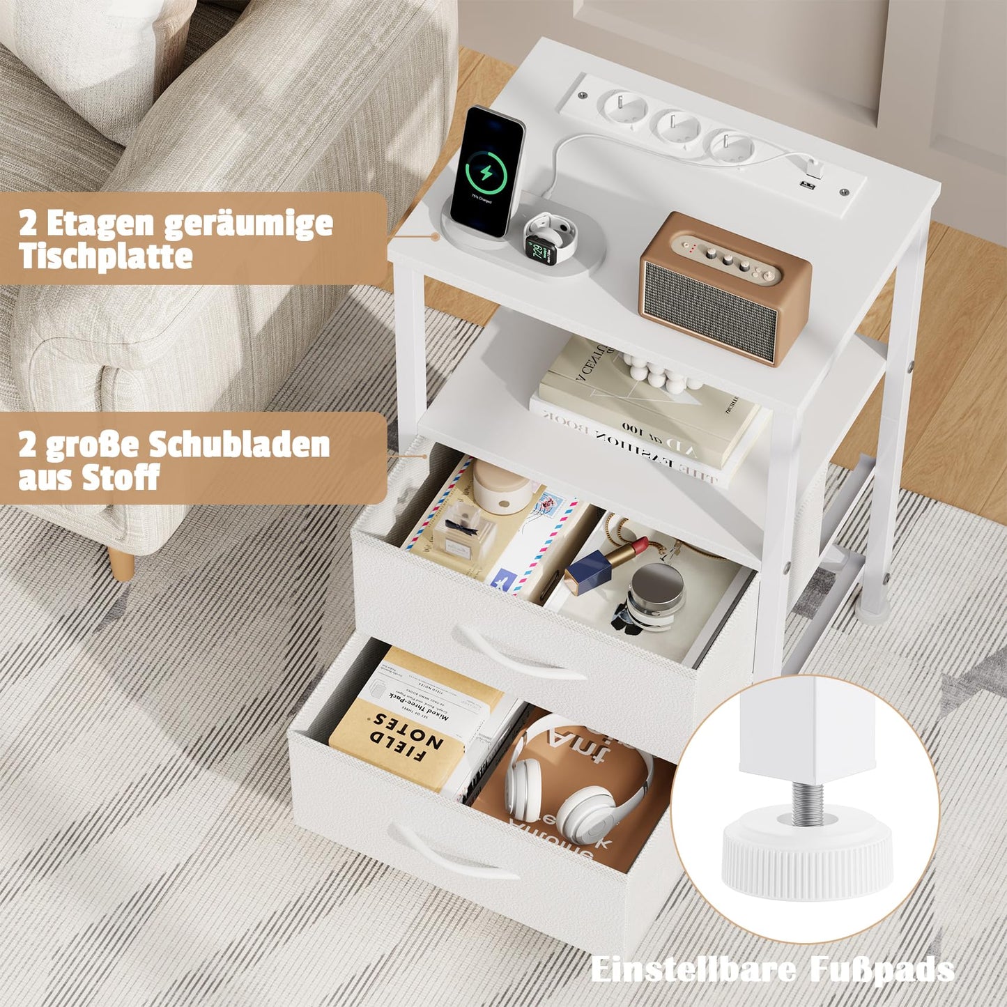 Bedside Table with LED & Charging Function, Side Table with Drawer, Bedside Tables with 3 AC Ports & 2 USB Ports, Side Tables for Living Room, Bedroom, White