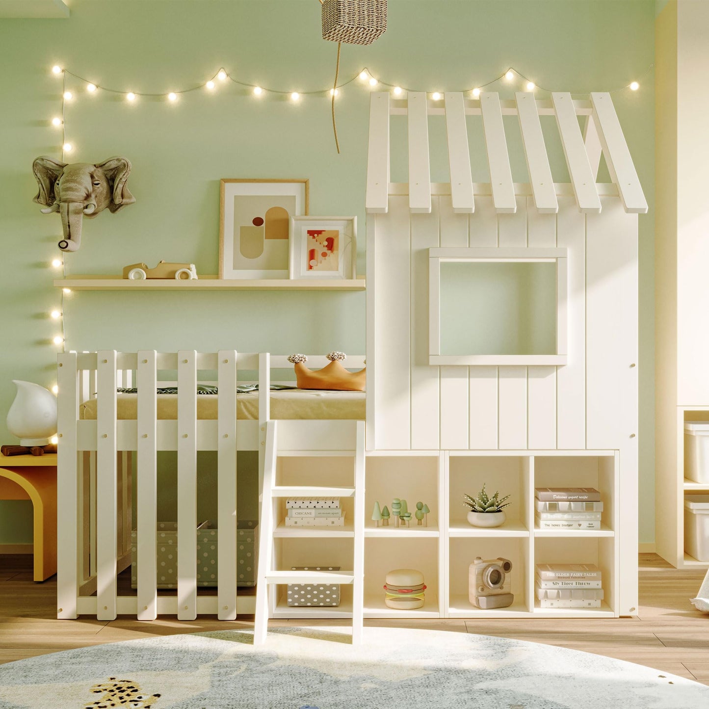 Children's Bed, House Bed 90 x 200 cm, Children's Bed Frame with Roof and Window, with Open Storage Space, with Climbing Ladder, Slatted Frame, Solid Wood Bed, Wooden Bed without Mattress (White)