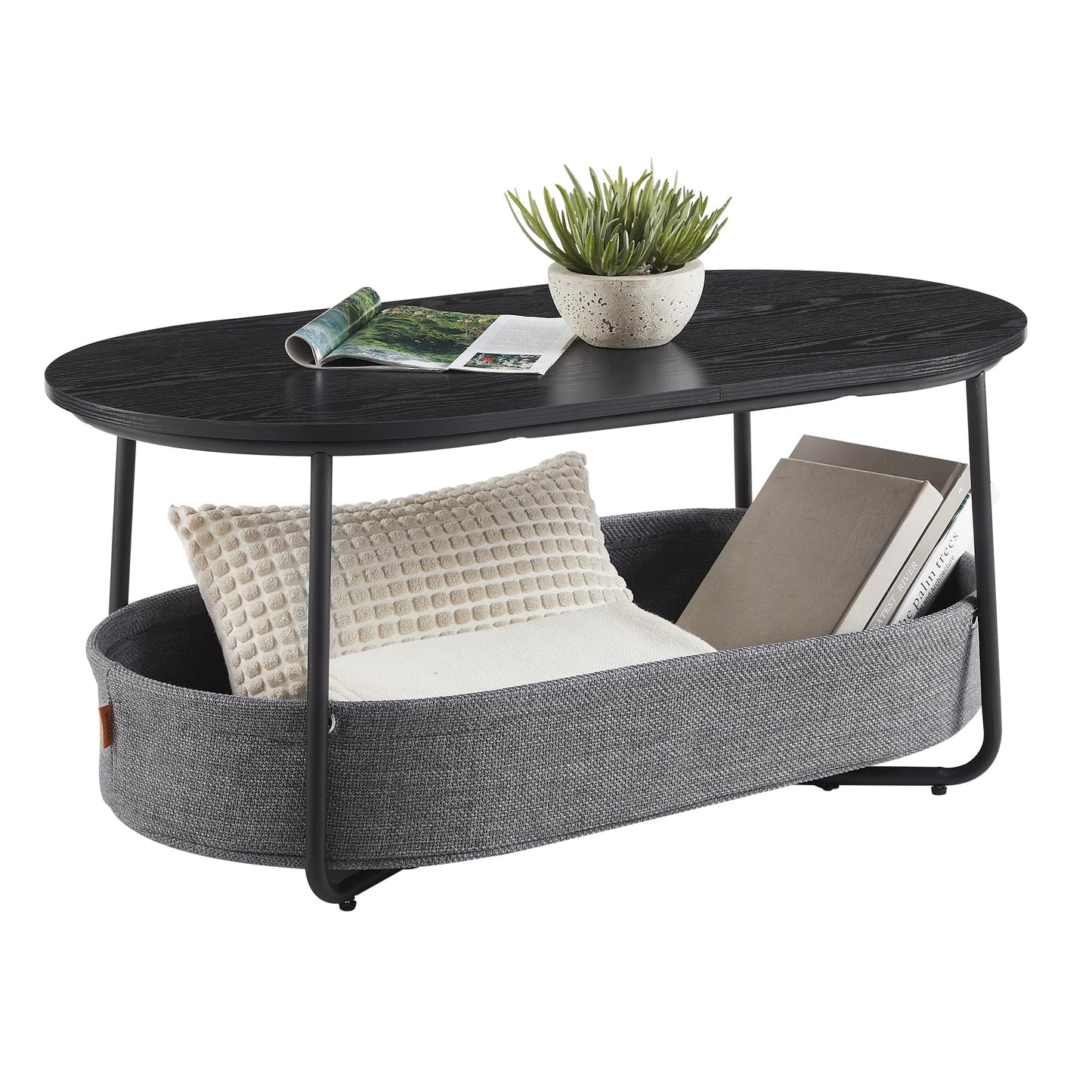 VASAGLE LCT244W10 Round Coffee Table with Storage Space Side Table Living Room Table with Fabric Basket Modern Metal Frame Matt White Camel Brown
