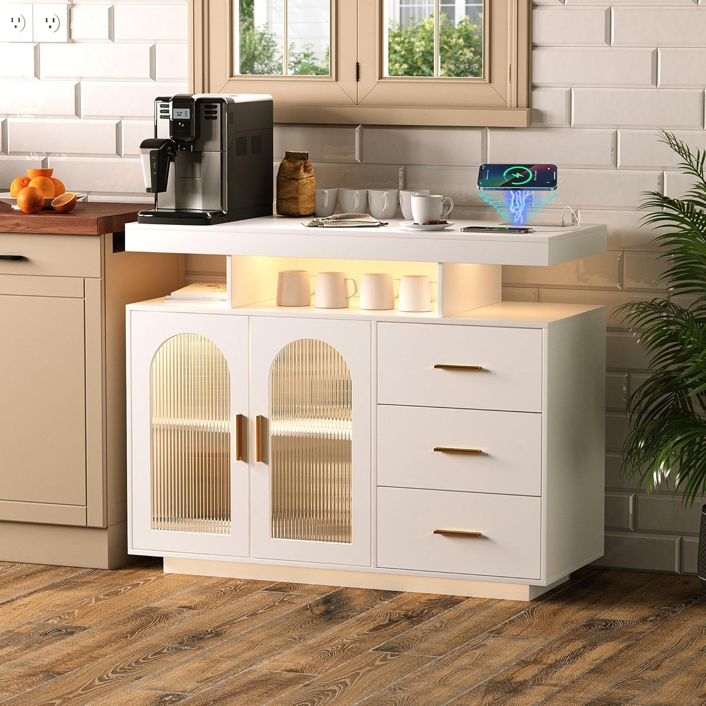 FREDEES Kitchen Cabinet Sideboard with 3 Drawers, Buffet Cabinet with Auto Sensor, 20 Colour Lights, Console Table with Charging Station, Touch Control Console, Coffee Bar Table for Kitchen, Dining