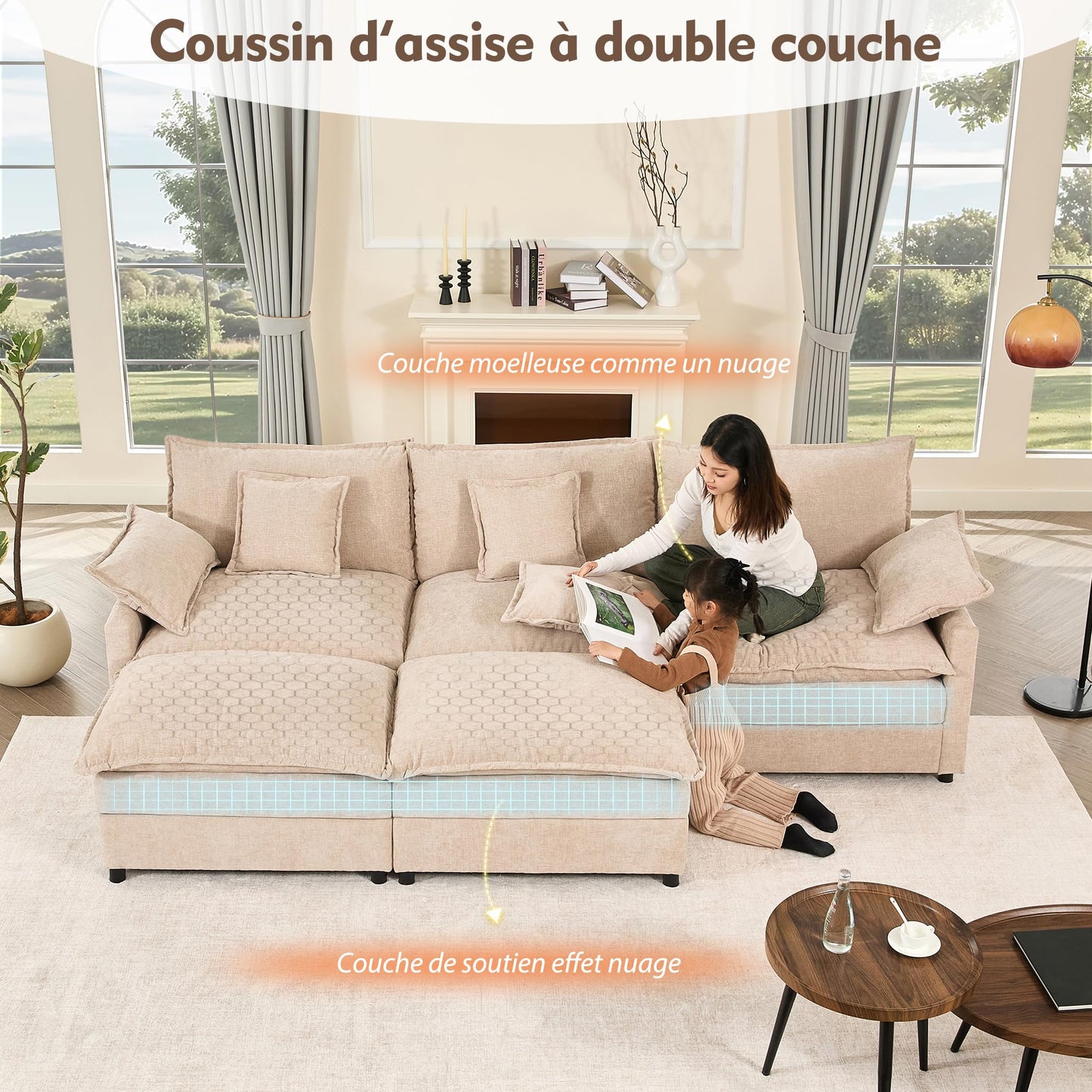 Litbird U-förmiges modulares Sofa 3-Sitzer Ecksofa mit Hocker, tiefes Sitzdesign, Cloud Couch für Wohnzimmer(Hellbraun)