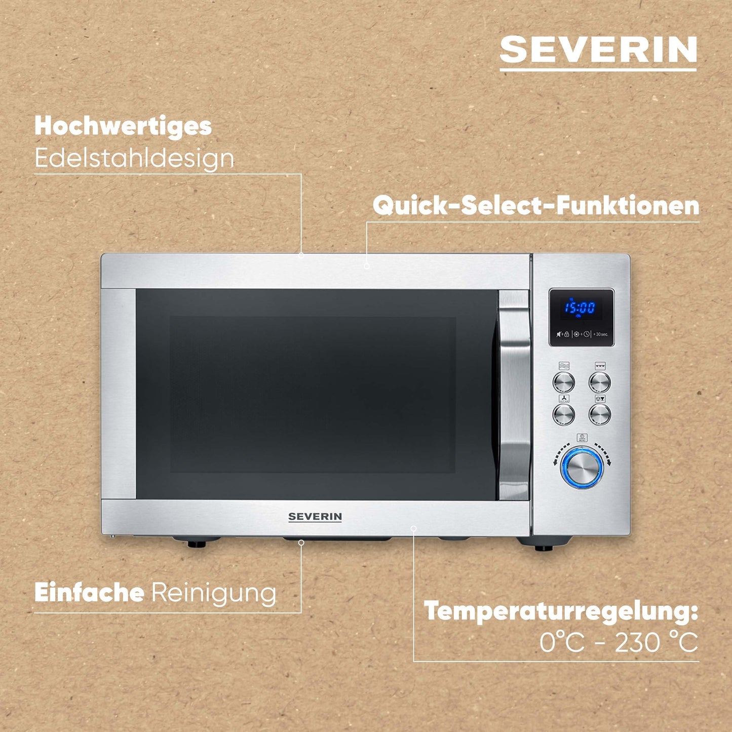 SEVERIN MW 7774 Microwave with Grill and Hot Air Function 3-in-1 for Defrosting, Cooking and Heating, Microwave with Turntable, Brushed Stainless Steel/Silver