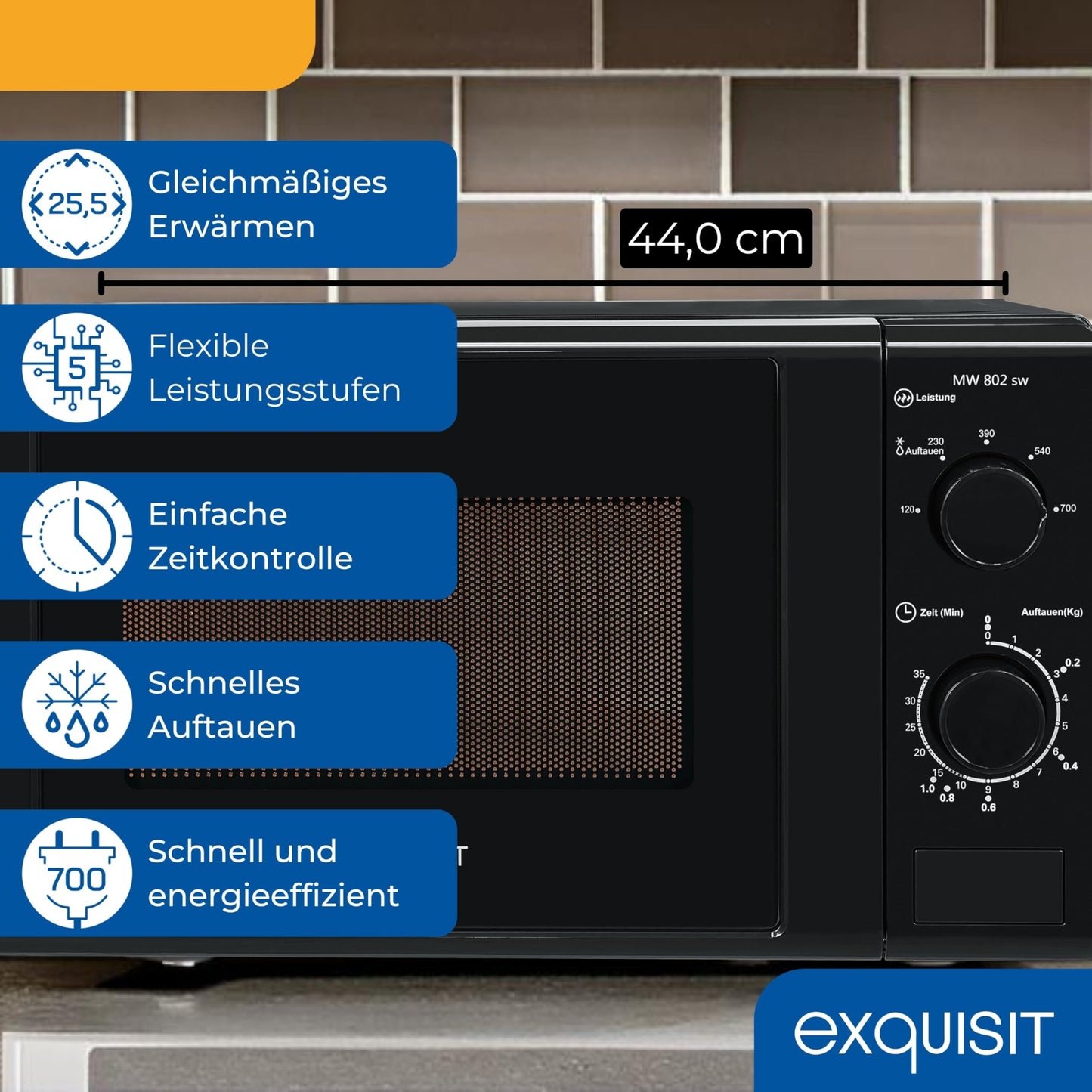 Exquisit Microwave MW 802 SW, 700 W Power, 20 L Cooking Space, Compact Microwave With Stainless Steel Interior, Space-Saving, Incl. Timer, Black