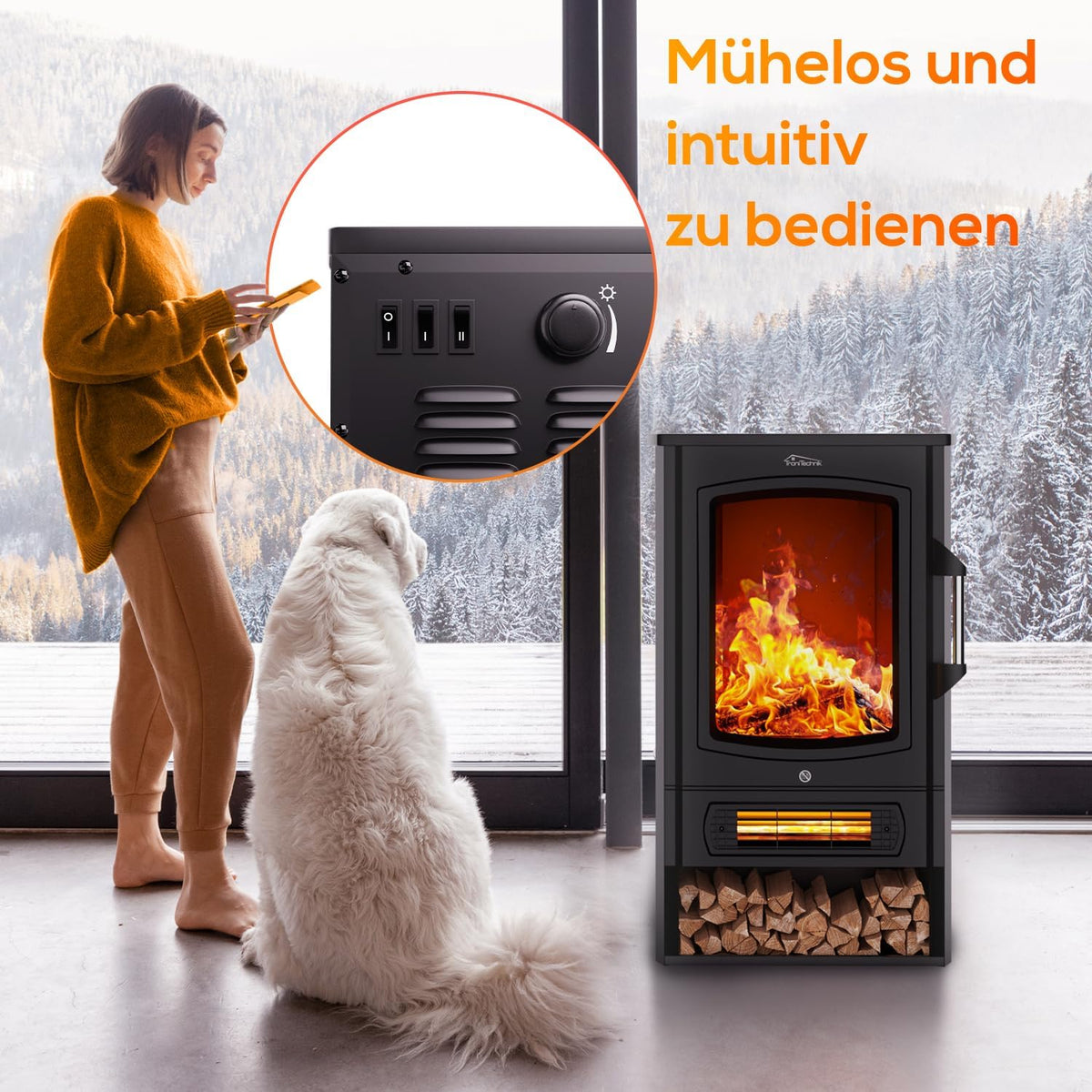Tronitechnik® Electric Fireplace with LED Flame Effect, 1 kW/2 kW Watt Fireplace, with Thermostat Panoramic Viewing Window, Heating Function, Timer, 2 Heat Settings, with Ventilation