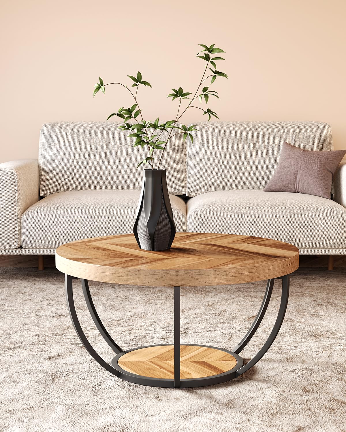 LITTLE TREE Round Coffee Table 32 Inch Round Coffee Table for Living Room 2 Tier Wood Accent Center Table with Open Storage Industrial Design Home Furniture (Wood Grain and Black)