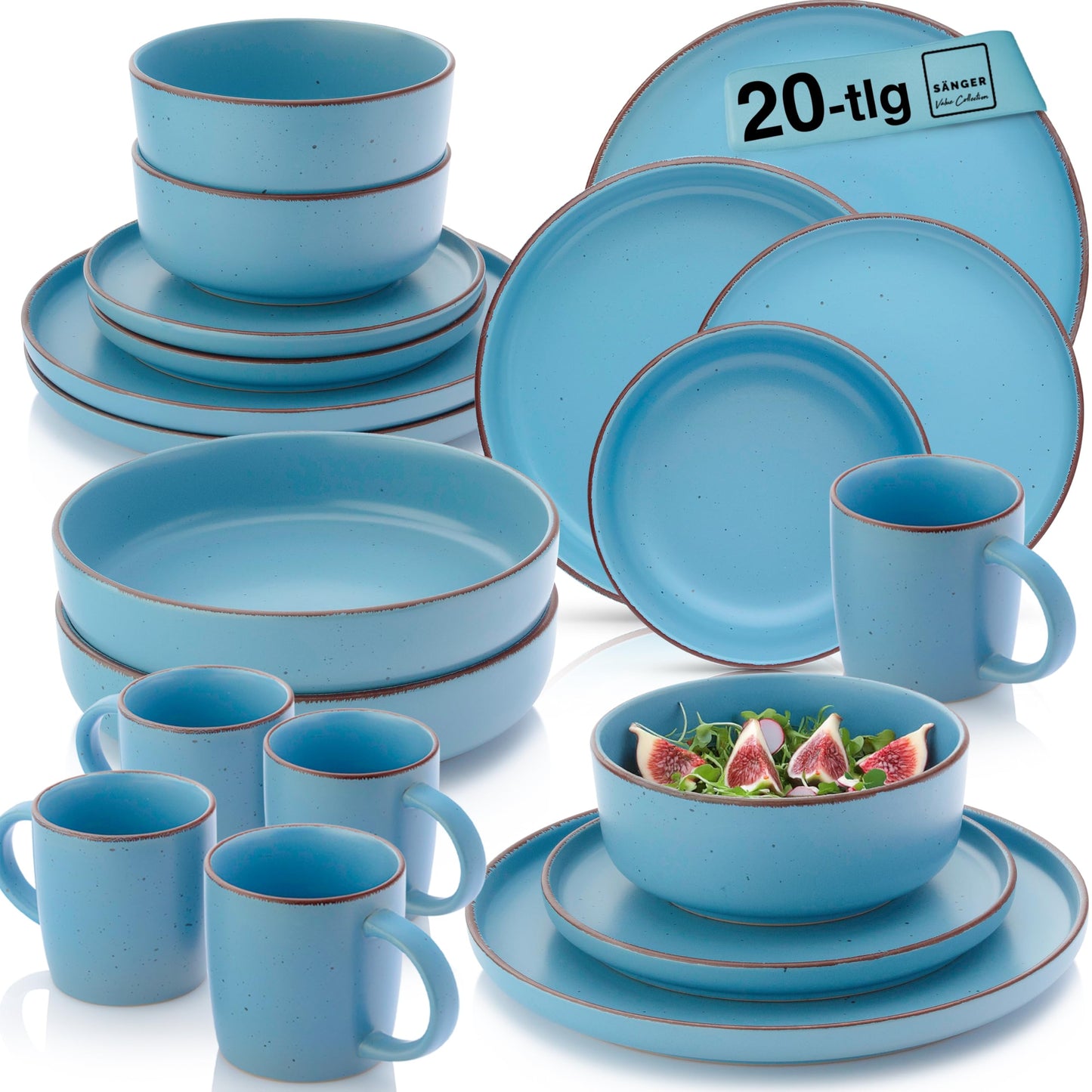 SÄNGER Bombay Seabed Crockery Service 20 Pieces, Stoneware Crockery for 4 People, 4 x Dinner Plates, 4 x Dessert Plates, 4 x Bowls, 4 x Pasta Plates, 4 x Coffee Mugs, Plate Set Colourful Value