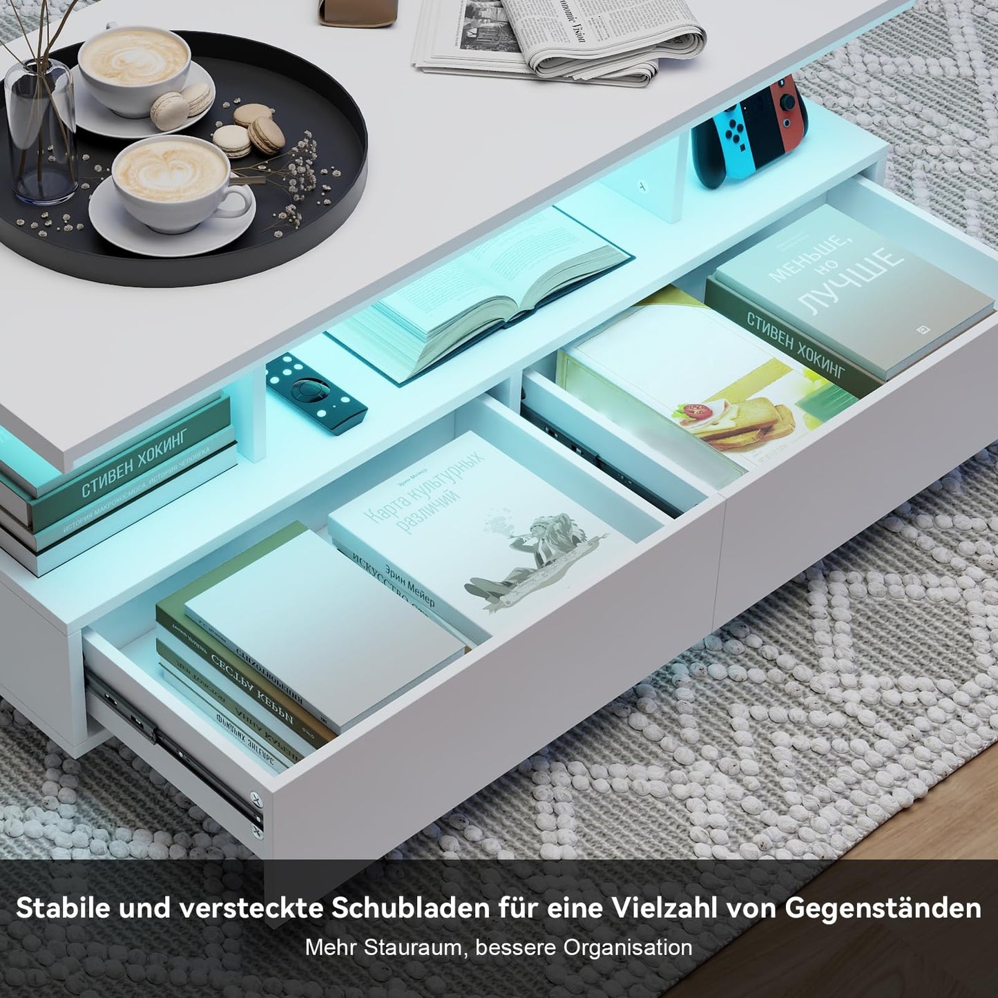 YU YUSING LED Coffee Table, Living Room Table, Coffee Table with 2 Drawers, 2 Shelves, 6000 Coloured LED Lighting, Remote Control, App Control, Side Table with Open, 105 x 50 x 39 cm, Modern White