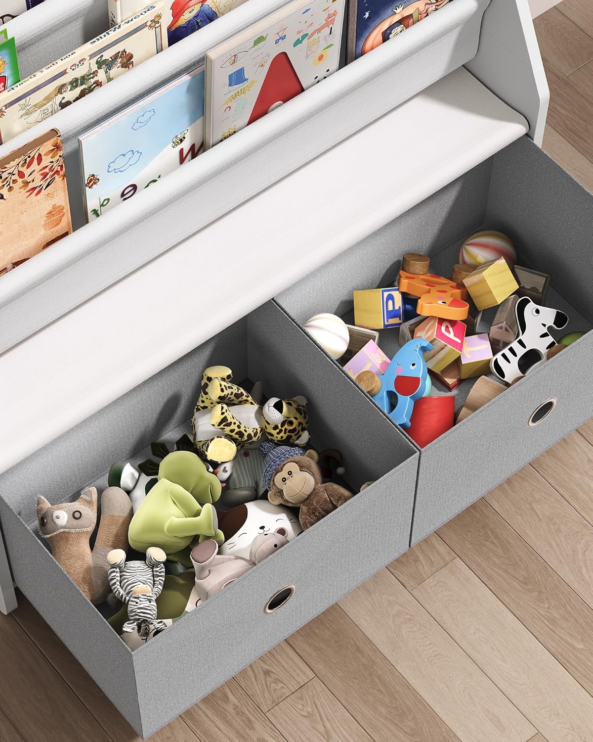 Kids Bookcase, Kids Shelf, Toy Organiser, with 3 Fabric Compartments and 2 Pull Out Toy Boxes, for Kids 3-8 Years Old, for Nursery Playroom, White and Grey DMCW06WT