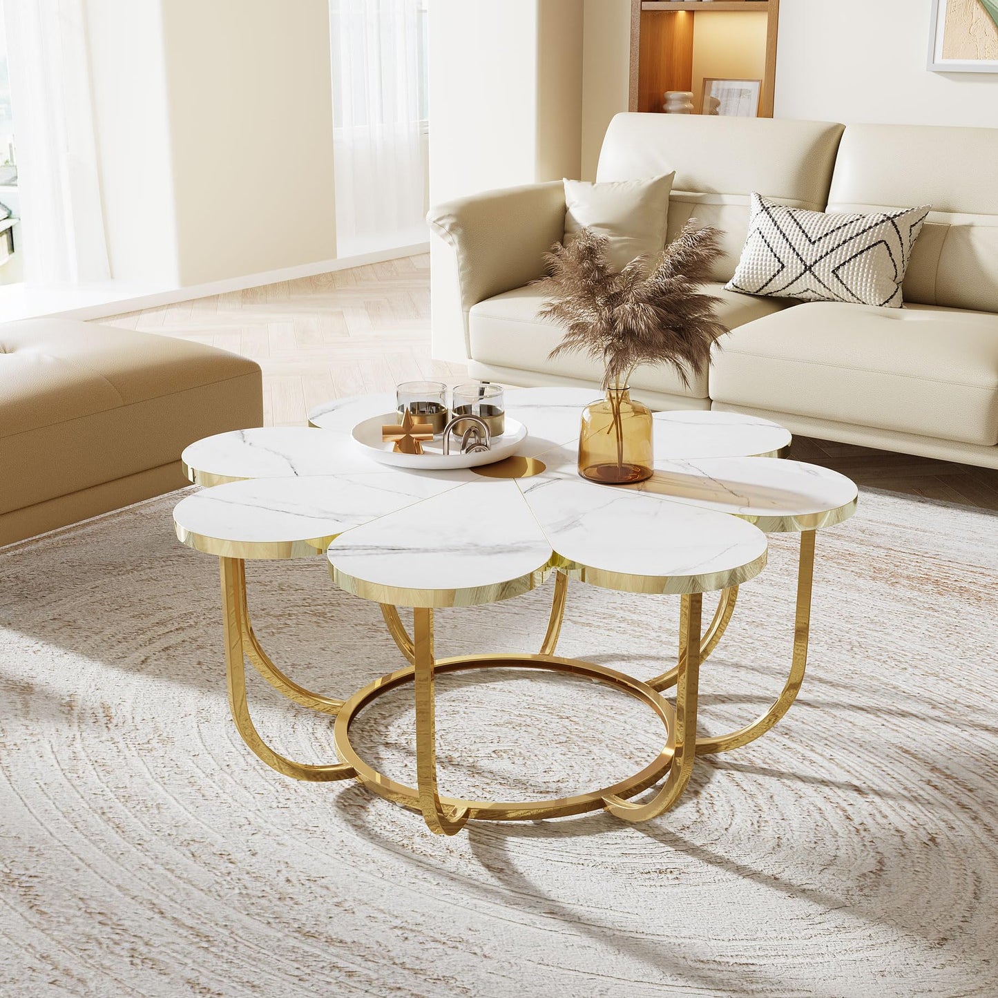 Tribesigns Coffee Table in White and Gold, Modern Coffee Table in Flower Shape with Faux Marble Top 100 cm Large Floral Accent Table with Metal Frame, Living Room Table, Sofa Table for Living Room