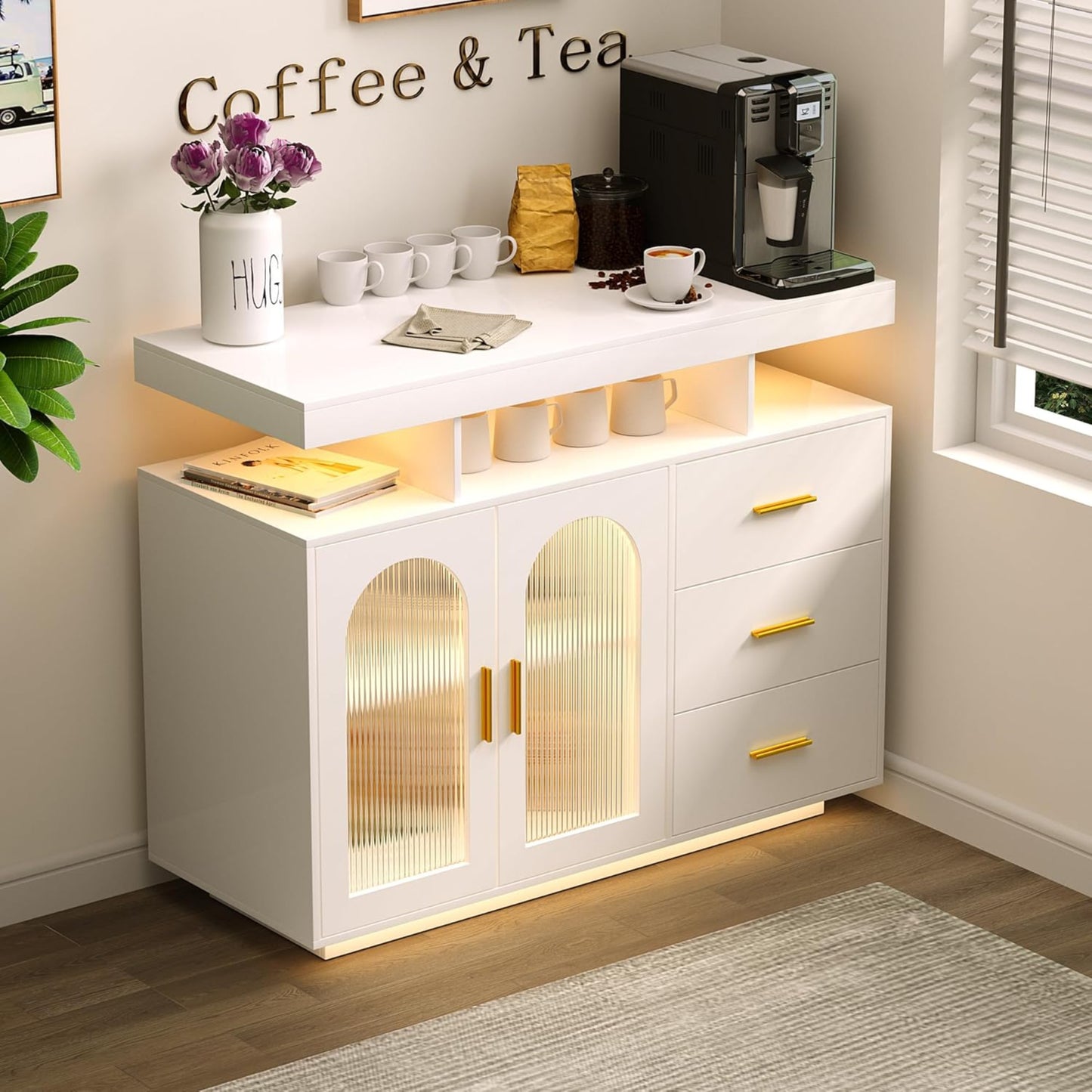 FREDEES Kitchen Cabinet Sideboard with 3 Drawers, Buffet Cabinet with Auto Sensor, 20 Colour Lights, Console Table with Charging Station, Touch Control Console, Coffee Bar Table for Kitchen, Dining