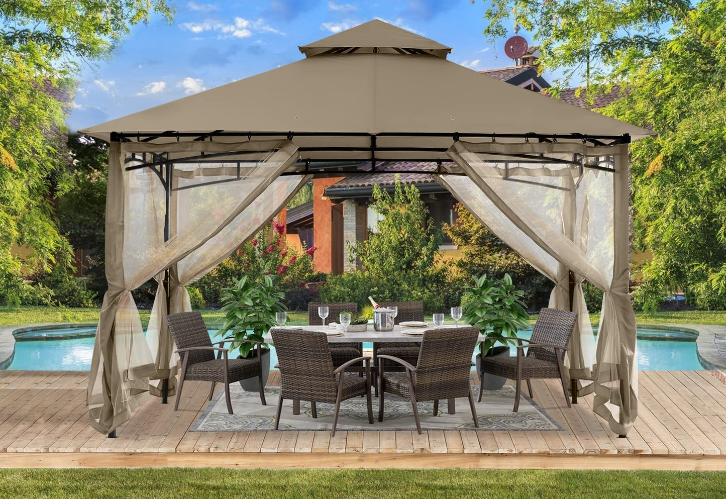 ABCCANOPY Pavillon 2.5x2.5m Wasserdicht Stabil Winterfest Gartenpavillon，Doppeldachweichdach Hinterhof-Partyzelt mit Netz für Schatten und Regen,Grau
