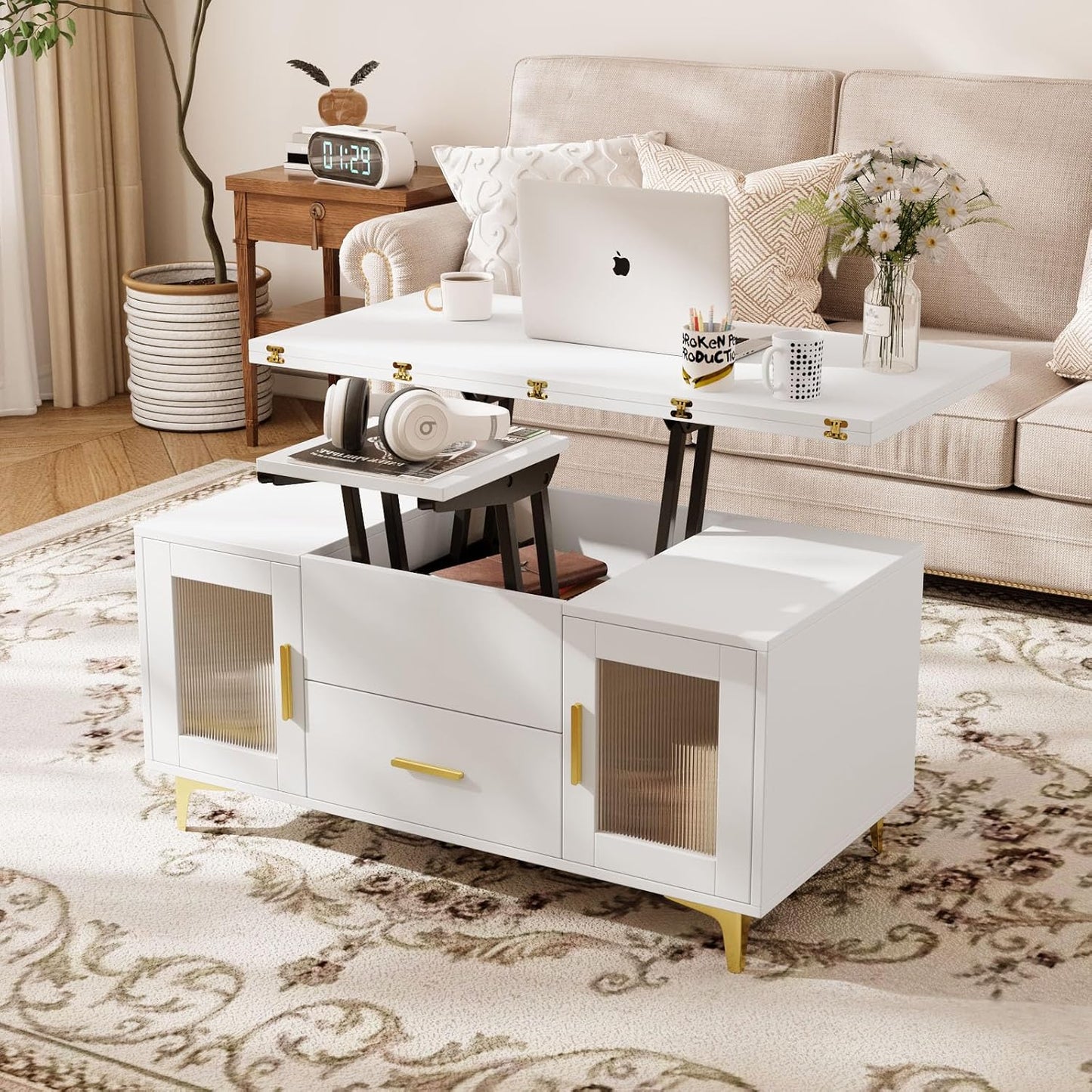 VOWNER Coffee Table Height Adjustable, 3-in-1 Multifunctional Living Room Table with Drawer, Coffee Table with Storage Space, Convertible into Living Room Dining Table, White