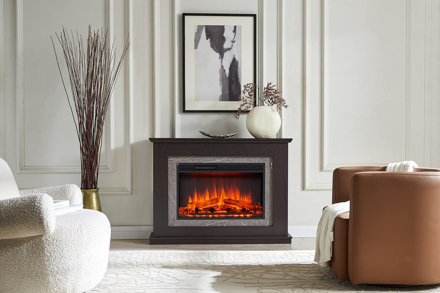 BALDERIA Alexios Electric Fireplace with Heater, 1000/2000 W, Realistic 3D Flame Effect, LED Lighting, Programmable Remote Control, Timer, Thermostat, Light Brown