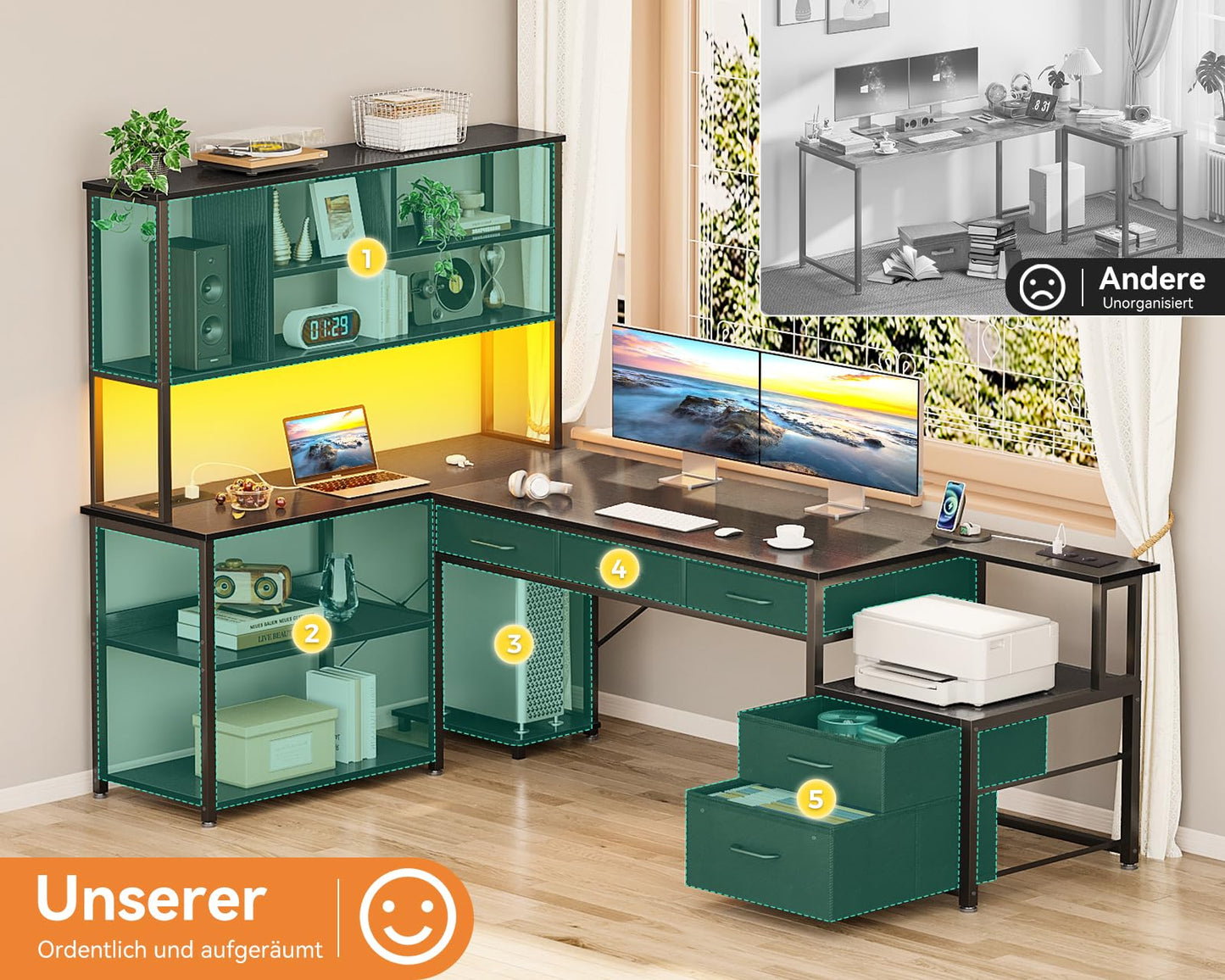 Coleshome Corner Desk with 5 Drawers and 4 Shelves, 200 x 110 cm Desk L-Shape with LED, Sockets & USB, Large Desk for Home Office, Black