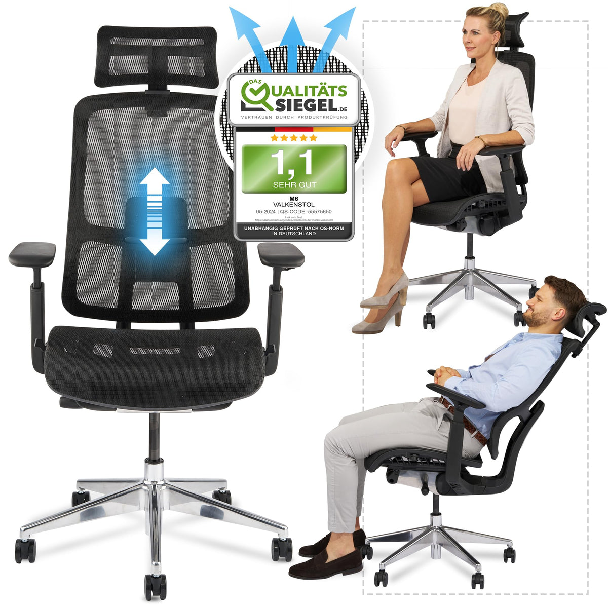 M2 Ergonomic Office Chair, Test Winner with Adjustable Armrest without Headrest for Maximum Freedom of Movement, Back-Friendly, Comfortable Desk Chair for Office and Home Office Chair