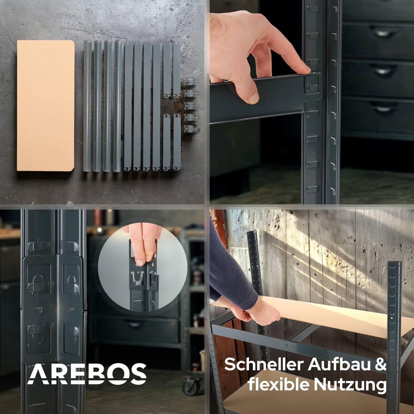 Arebos Heavy Duty Shelves in Various Sizes, Max. 875 kg Load Capacity, Easy Installation Thanks to Plug-in System