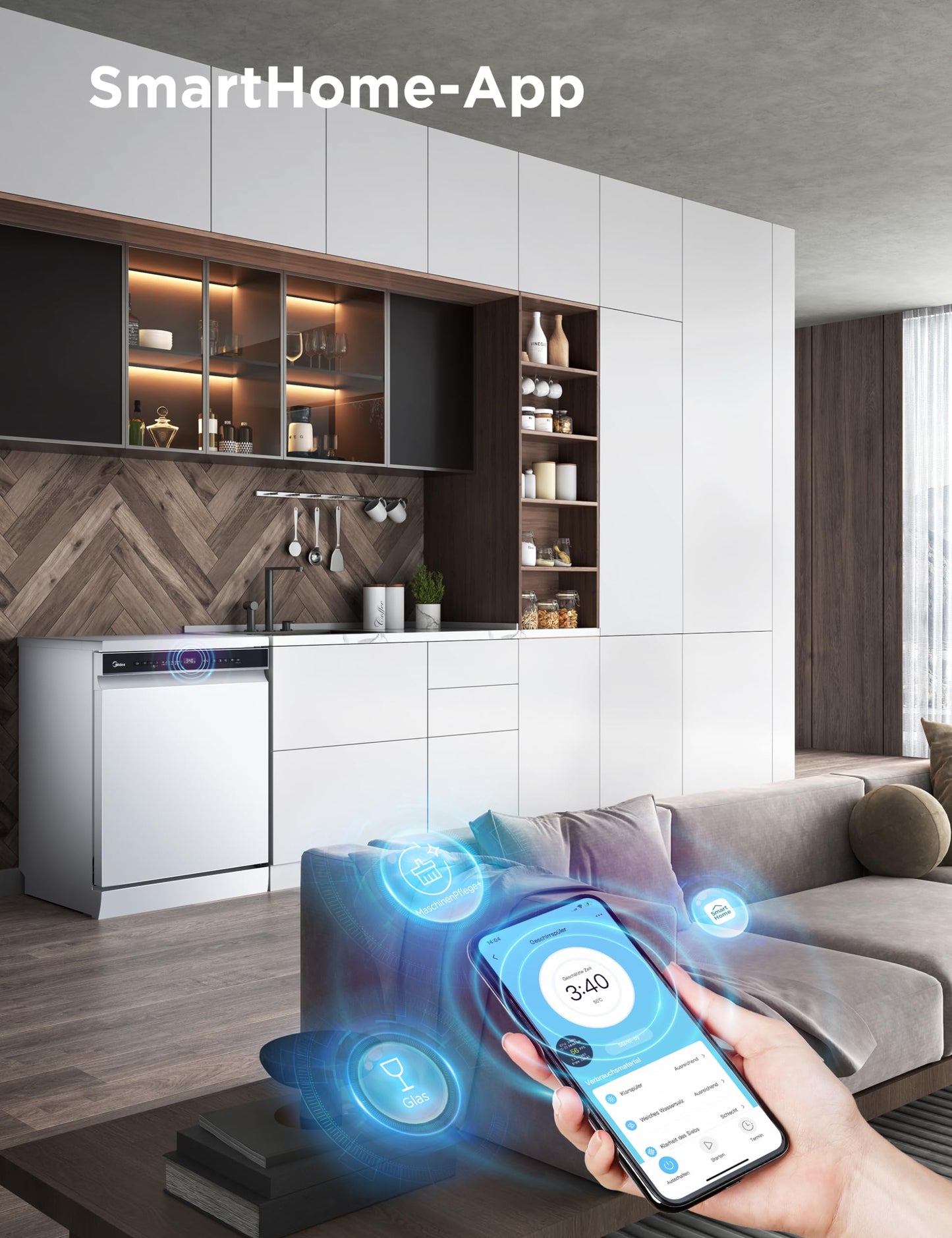 Midea SU 5.35X14CS Dishwasher Base, 14 MGD, Dishwasher 60 cm, Home Connect, Hygiene Care+, Machine Care +, Extra Drying, Half Load, 44 db, Start Delay, Stainless Steel