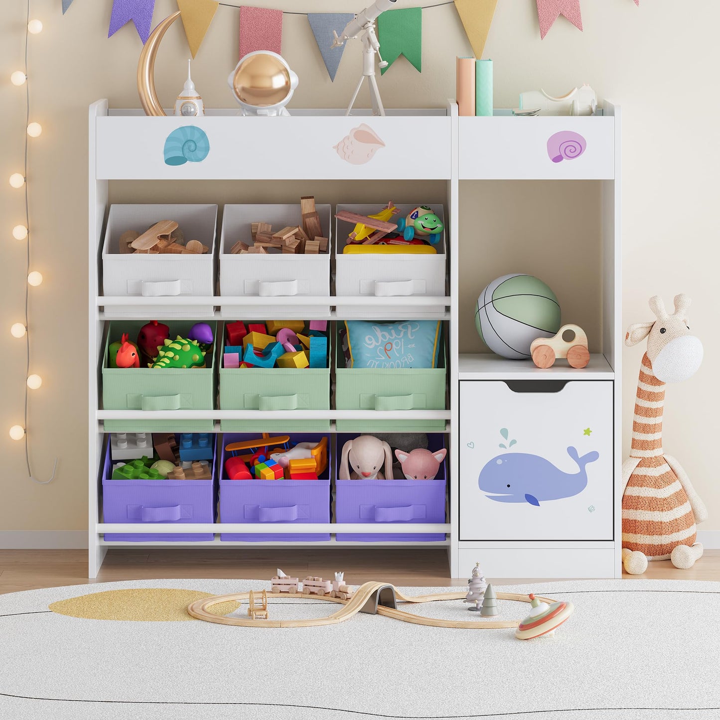 [en.casa] Kinderregal Søndreland Bücherregal für Kinder mit 9 Aufbewahrungsboxen Spielzeugregal mit Schrank 80 x 90 x 30 cm Spielzeug Aufbewahrung Ozean Motiv