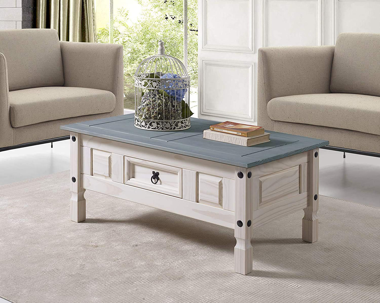 SAM Cancun Coffee Table Solid Pine Wood Side Table with Drawer White Varnished Honey Top Plate Black Metal Handle Mexico Furniture