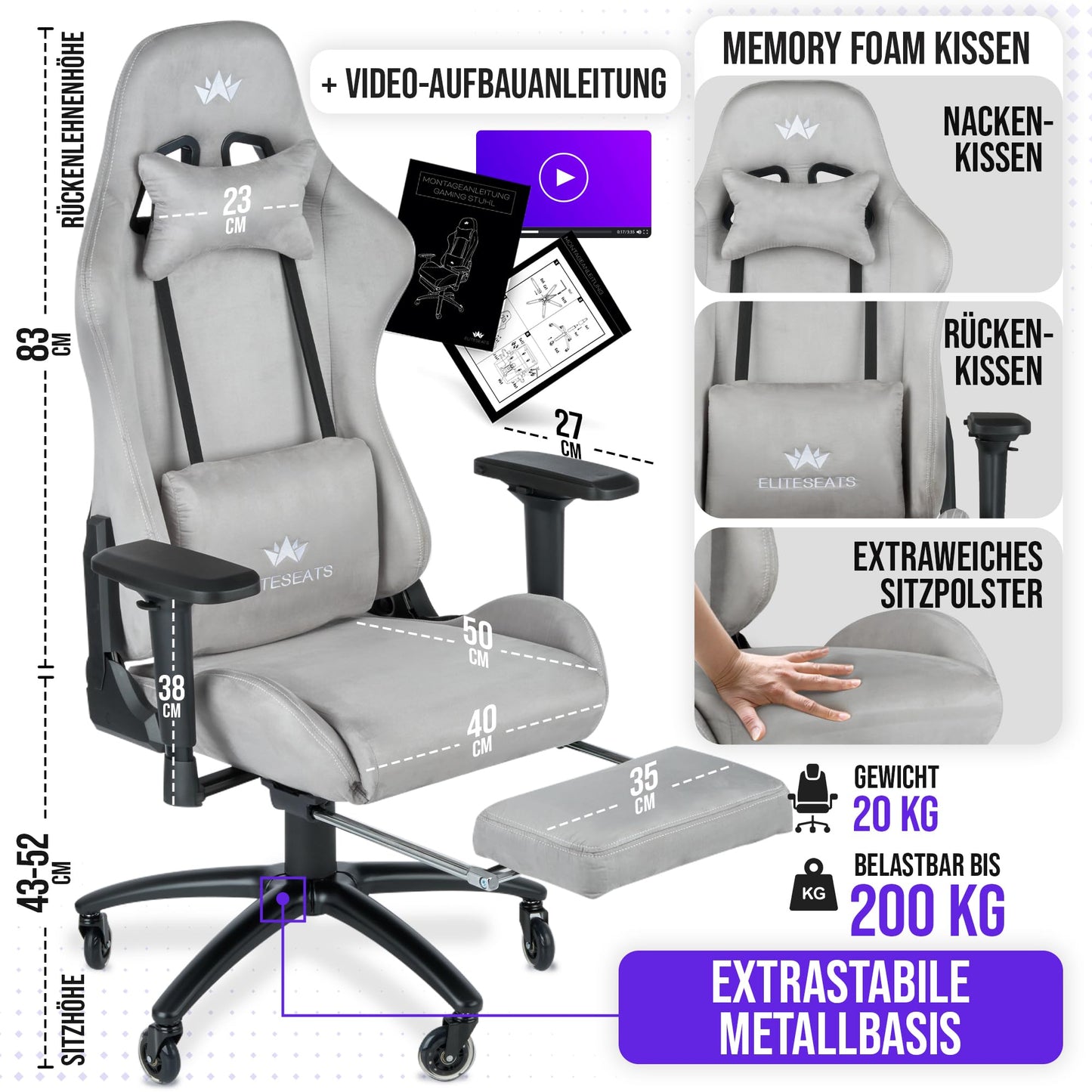 ELITESEATS Ergonomic Gaming Chair [Test Winner] Scratch-Free Wheels Breathable 4D Armrests with Footrest Ergonomic Gaming Chair Fabric 150 kg Load Capacity Gaming Chair Gaming Chair