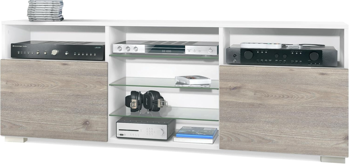 Vladon Granada TV Board Lowboard with 2 Doors and 6 Open Compartments, Matt White Body, Fronts in Sand Grey High Gloss (146 x 54 x 35 cm)