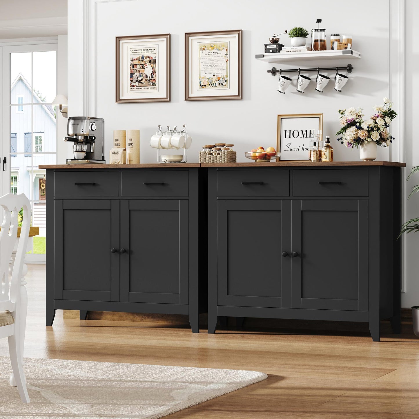 HOCSOK Kitchen Cabinet with Worktop, Sideboard with 2 Drawers and 2 Doors, Buffet Cabinet for Kitchen, Living Room, Dining Room, Hallway, Wood, Country House Style